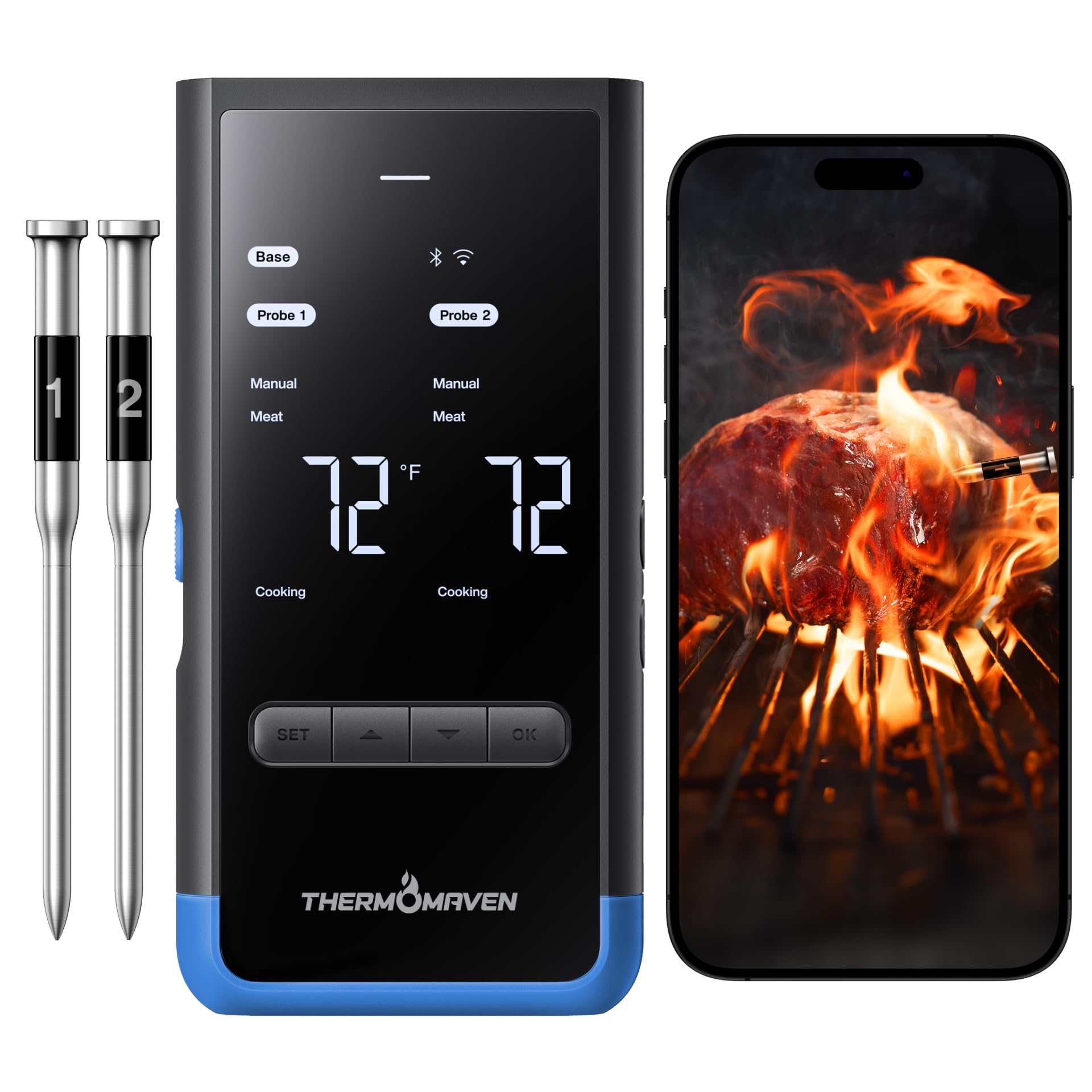 ThermoMaven Smartes Fleischthermometer Kabellose mit Basisstation, Bluetooth & WLAN, 2 Fühler, 6 Sensoren, NIST-zertifiziert, große, stabile WLAN-Reichweite, für Smoker, Backofen & BBQ, Elektroblau