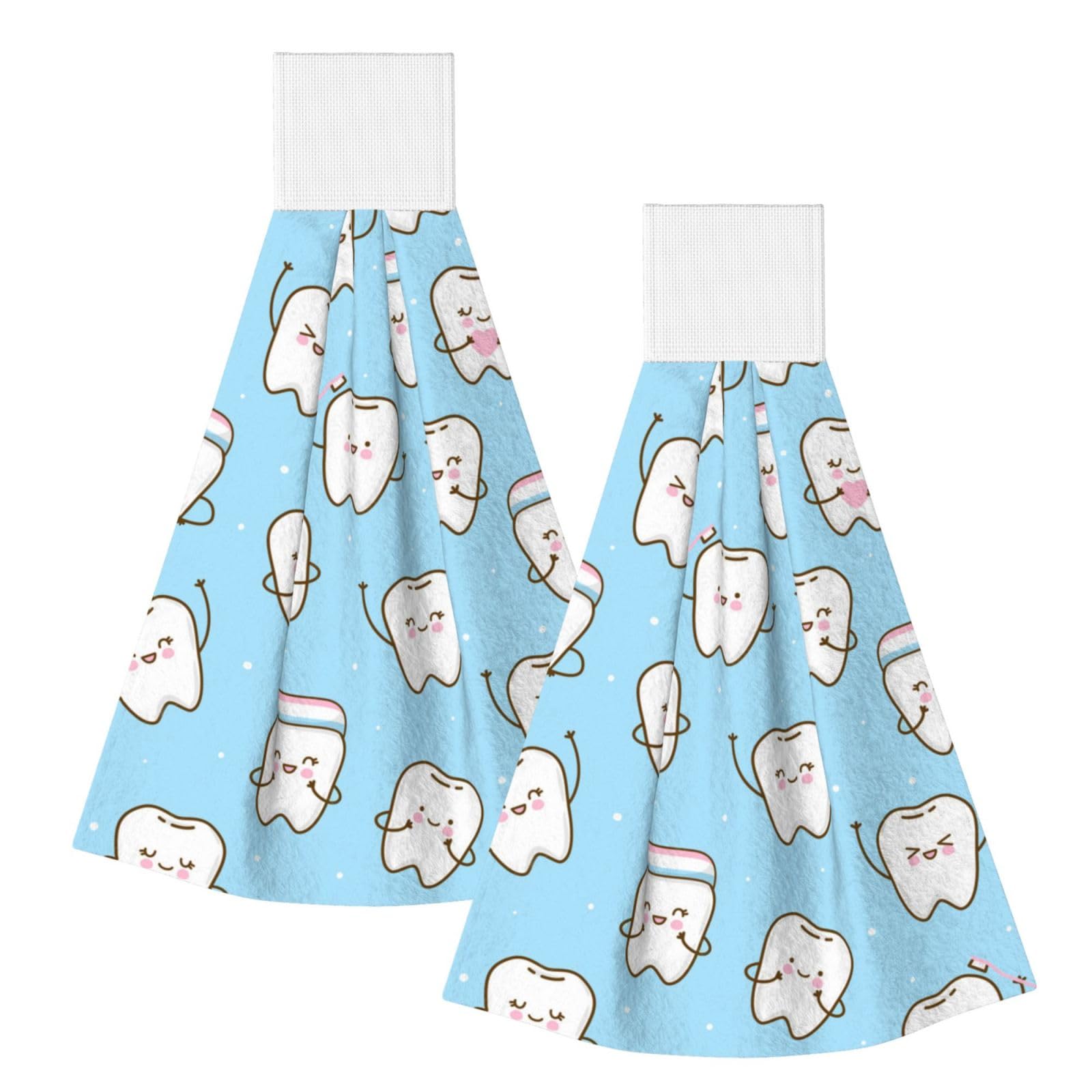 DOPKLNA Cute Cartoon Teeth, 2 Pcs Hanging Coral Fiber Hand Towels for Bathroom, Absorbent Kitchen Towels