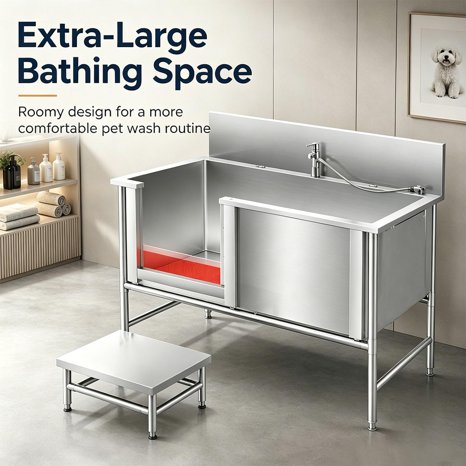 Estación de baño para Perros Lavar Independientes desagüe Bañera de Acero Inoxidable para Mascota Bañera Peluquería Canina Fregaderos con Ducha Pet Bath Tub Dog Grooming，100 * 60 * 40 m