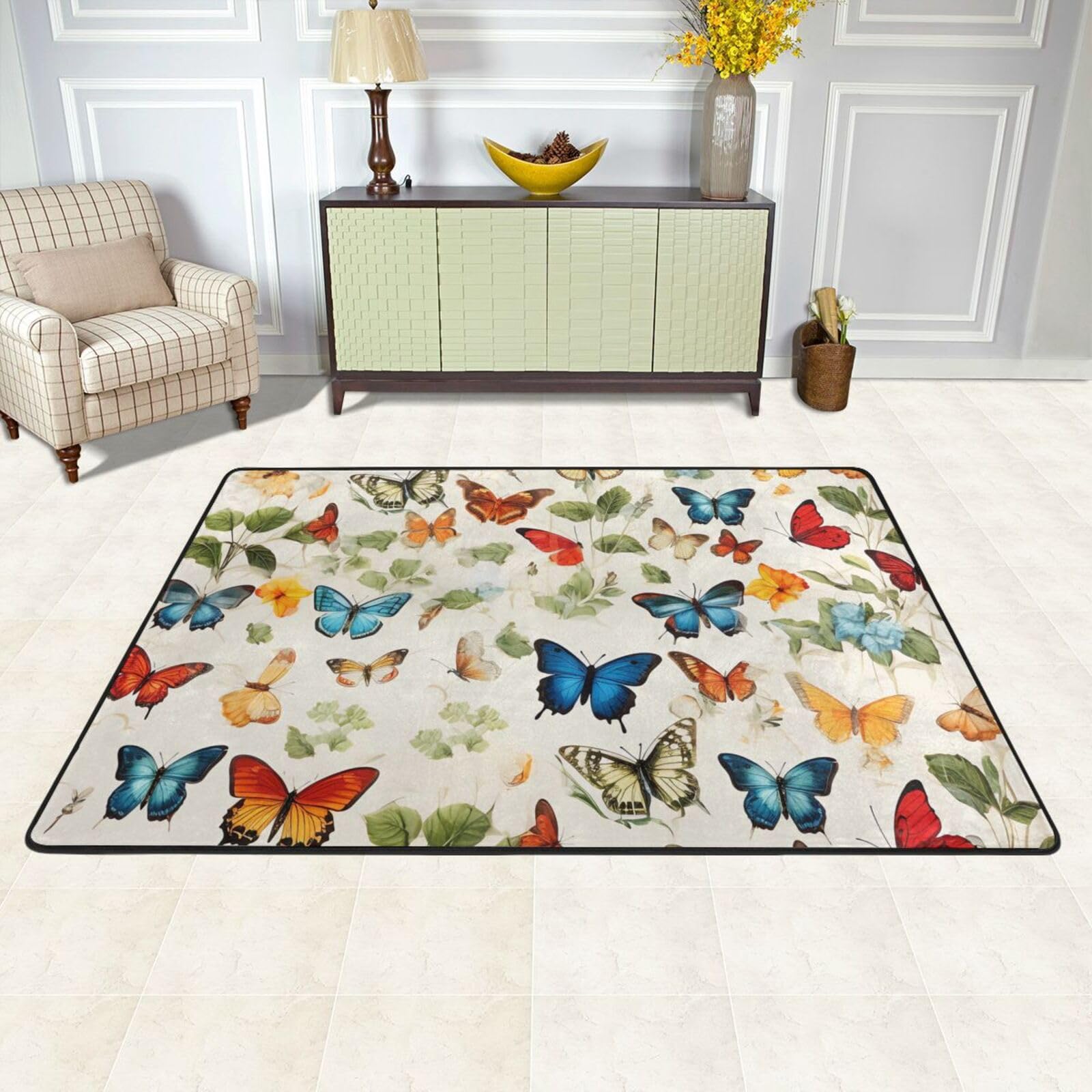 Tapis grand format lavable motif papillon vintage avec envers antidérapant haute qualité