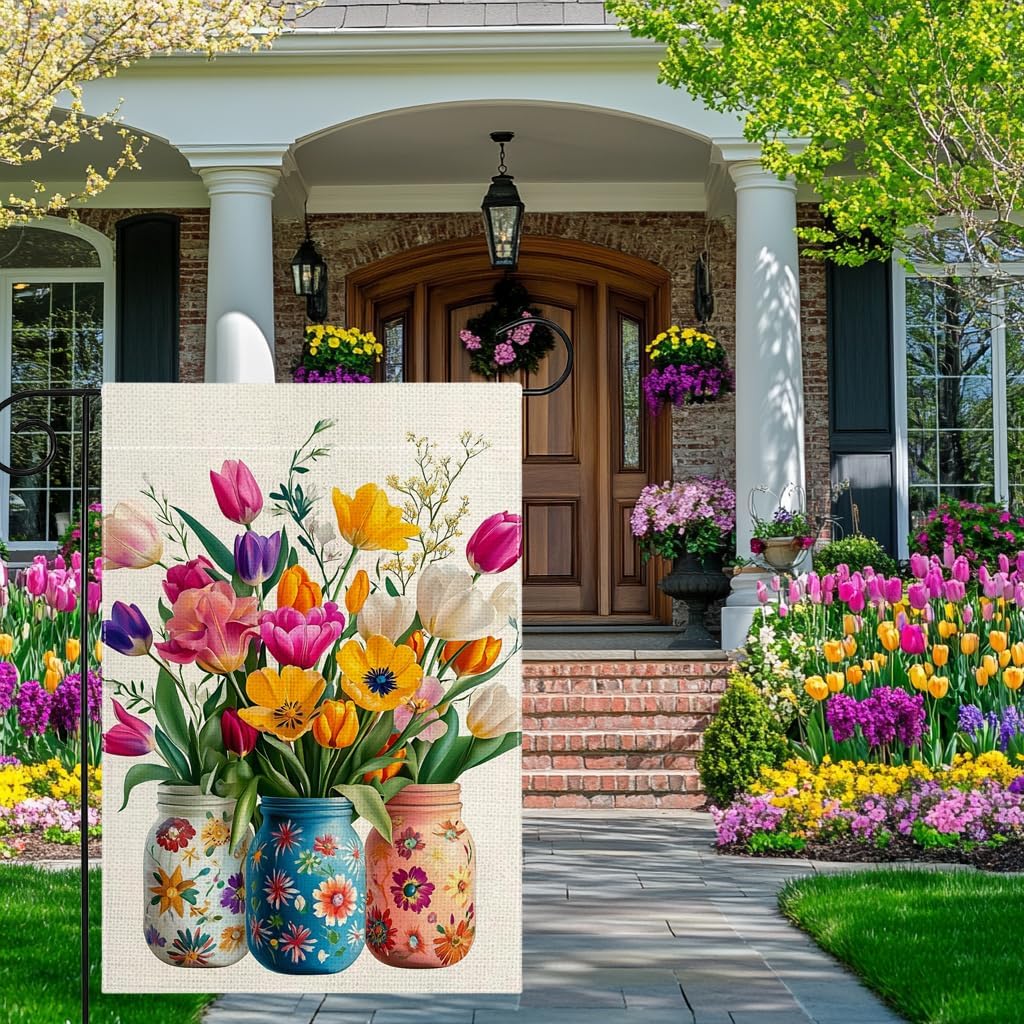 Spring Summer Colorful Floral Mason Jar Garden Flag 12x18 Inch Double Sided Tulip Daffodil Flower Yard Outdoor Flag House Holiday Outside Decoration - Image 3