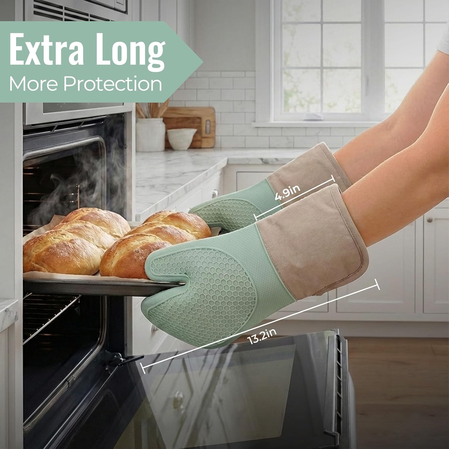 8-Piece Silicone Oven Mitts and Pot Holders Set with Hanging Loops - Heat Resistant Kitchen Gloves with Non-Slip Honeycomb Grip - Includes Mini Mitts & Trivet Mats for Cooking, Baking - Green - Image 2