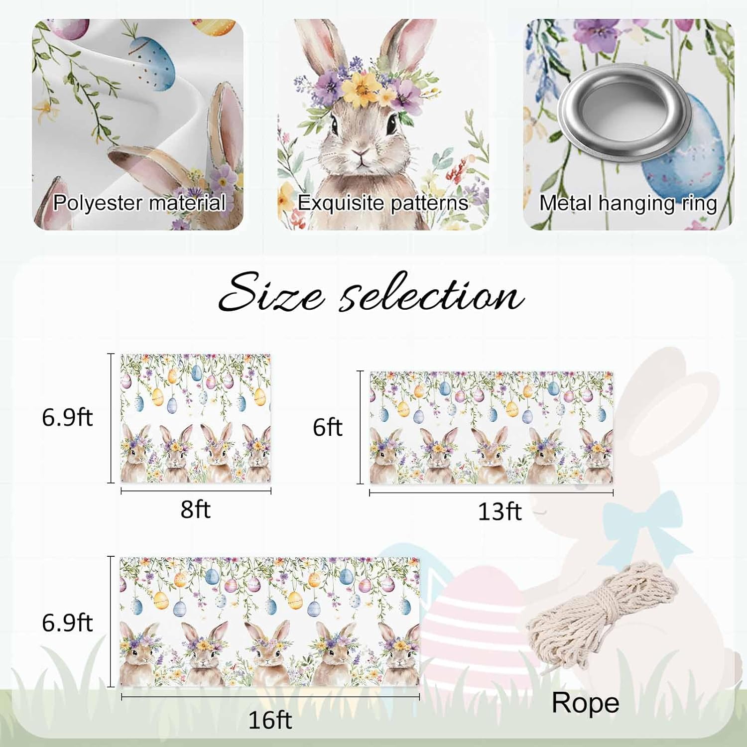 Easter Wreath Rabbits Garage Door Cover 7 x 16 FT, Vintage Colorful Eggs Spring Floral Leaf Garage Door Decorations Banner Hanging Backdrop for Indoor Outdoor House Patio Holiday Party