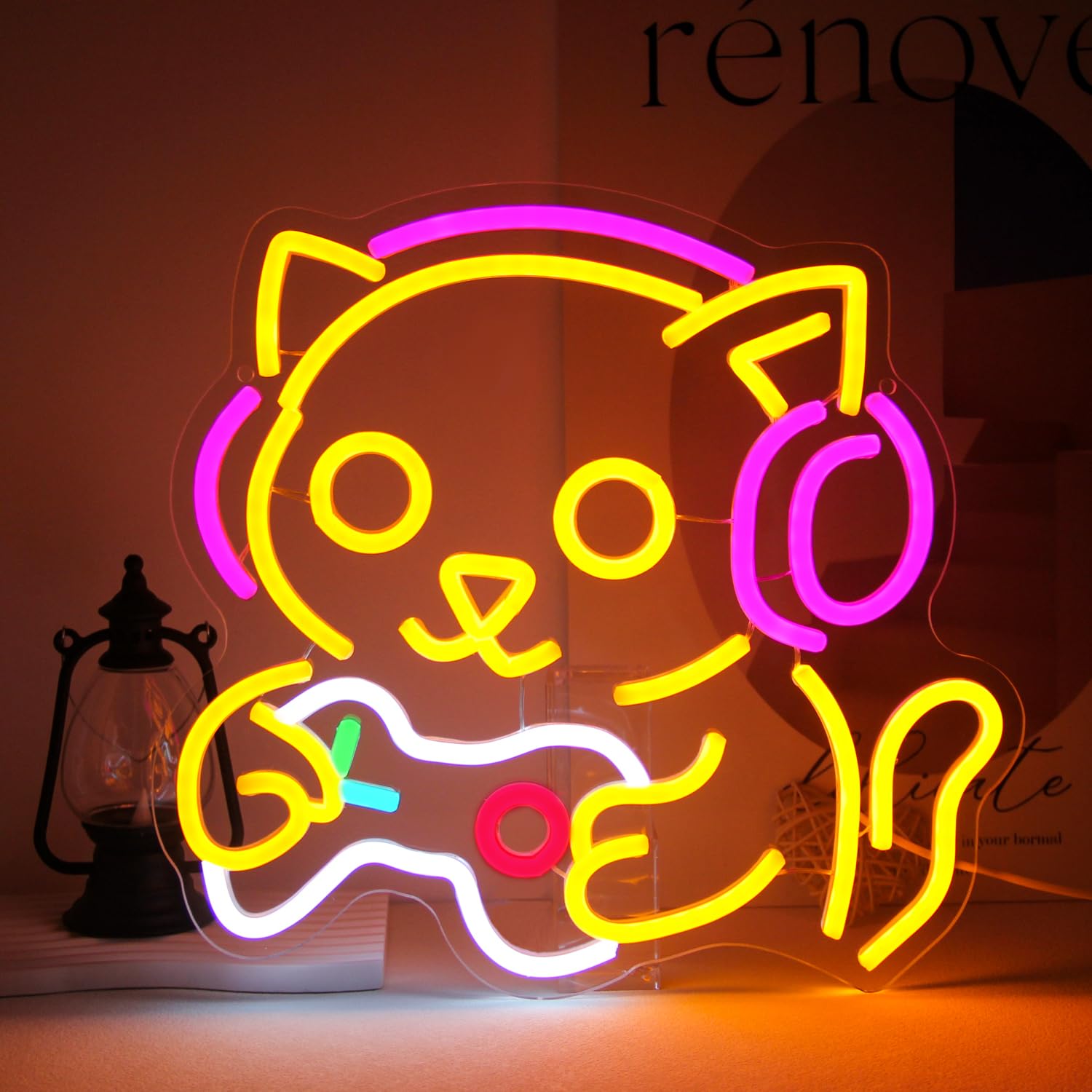 Gamer Cat with Headphones Neon Signs LED Gaming Sign for Game Room Decor