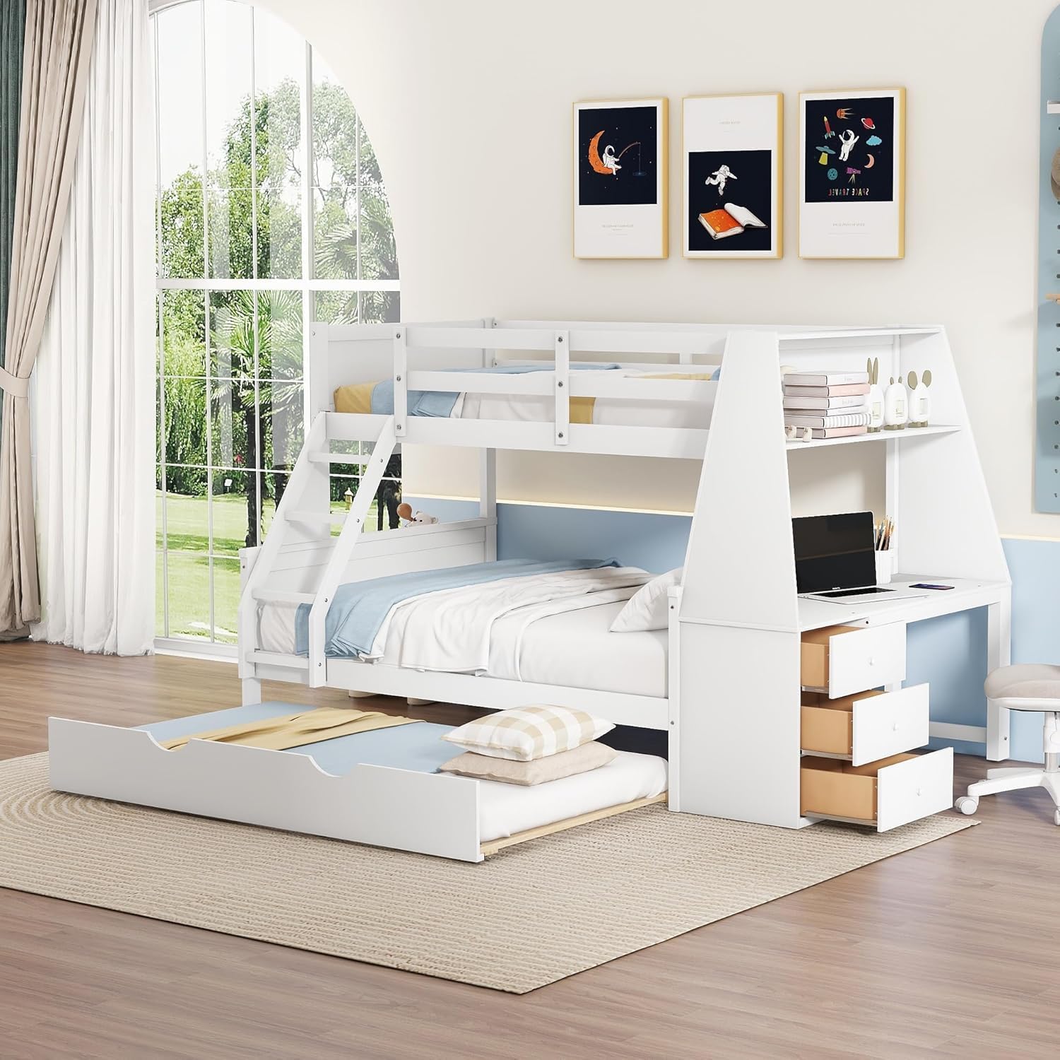 Twin Over Full Bunk Bed with Desk and Trundle, Wooden Bunk Beds Twin over Full Size with Storage Drawers and Shelf ,Storage Bunk Beds with Ladder & Guardrails for Kids Girls Boys ,White