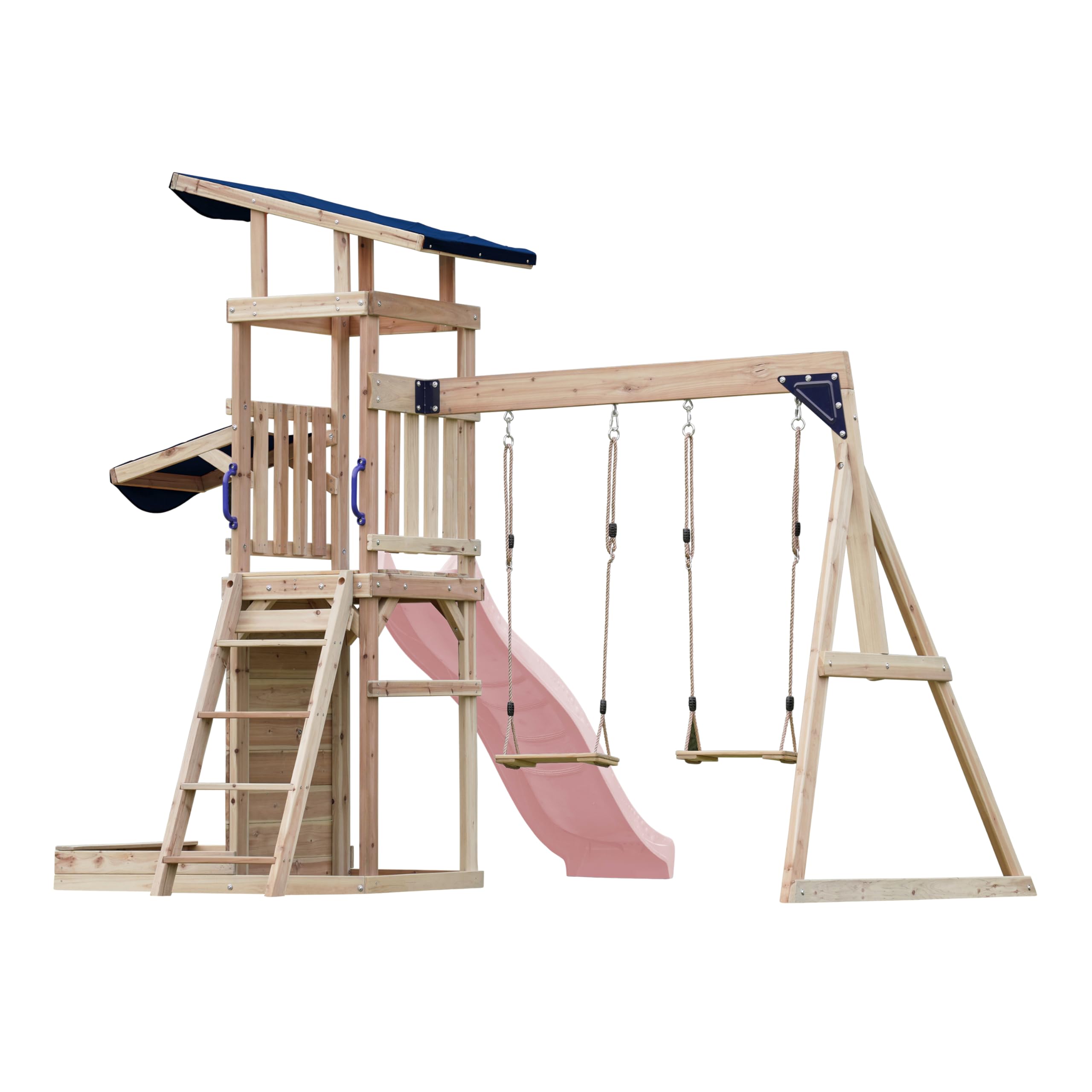 AXI Malik Spielturm aus Holz mit 2 Schaukeln | XXL Spielhaus/Spielplatz für Kinder mit Sandkasten, Spielwand & Rutsche in Pastellrosa | Schaukelgerüst für den Garten