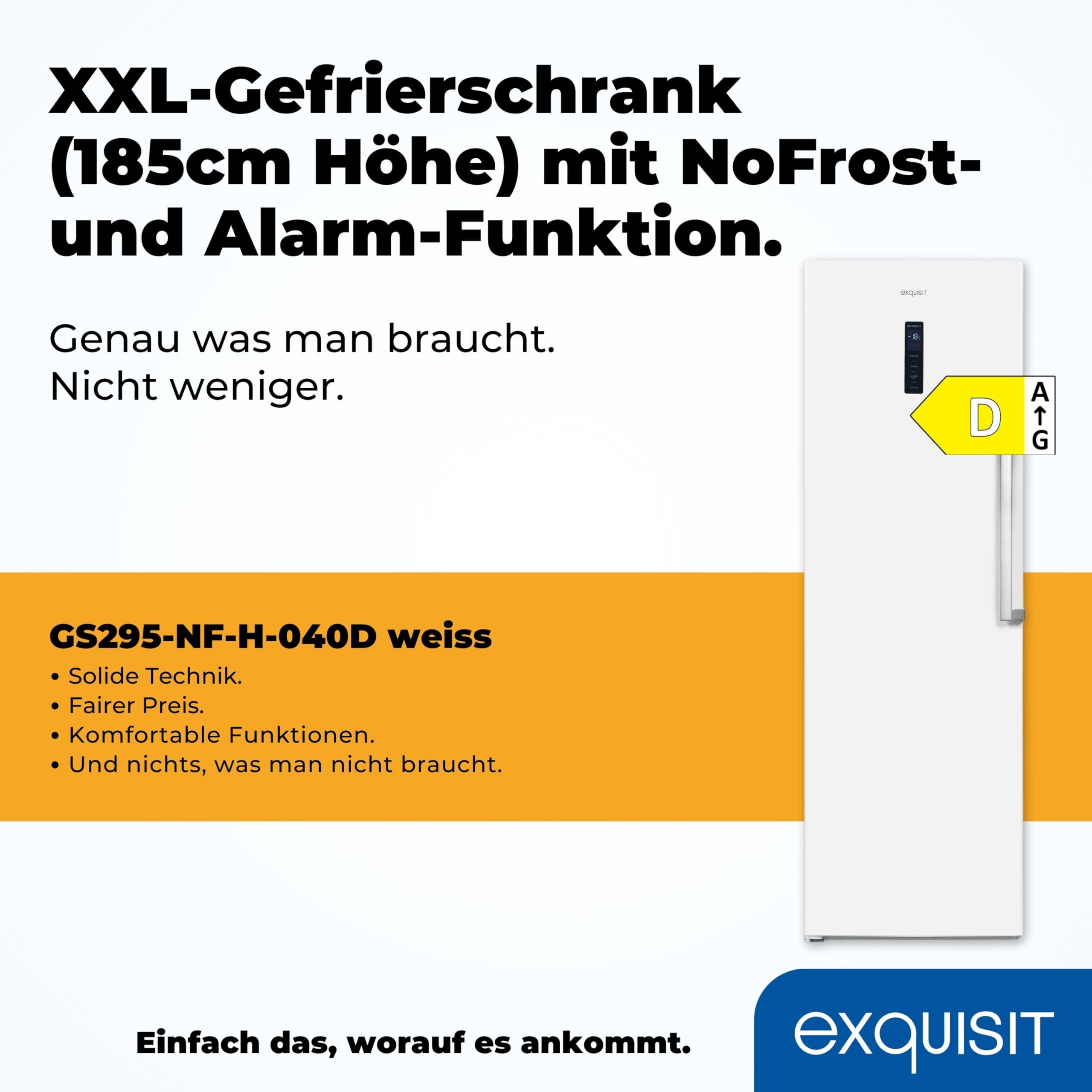 Exquisit NoFrost Congelador GS295-NF-H-040D, color blanco, capacidad 274 litros, alarma, ancho 60 cm