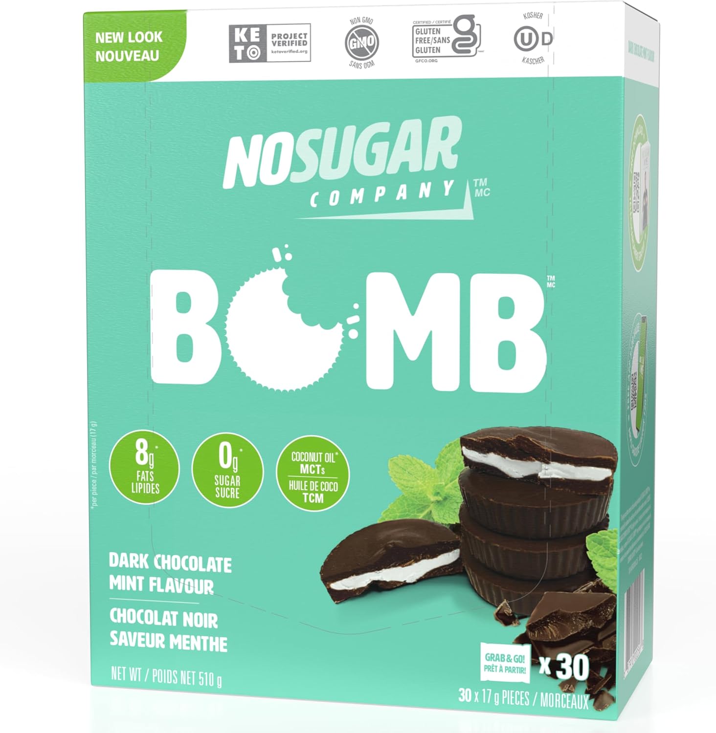 No Sugar Keto Bombs, Fulfills Sweet Craving Without Compromising, Month supply, Low Net Carb (1g), Sugar Free (0g) Keto Cup Snacks with 7g Healthy Fat - Gluten Free, All Natural, Non-GMO (510g, Chocolate Mint)