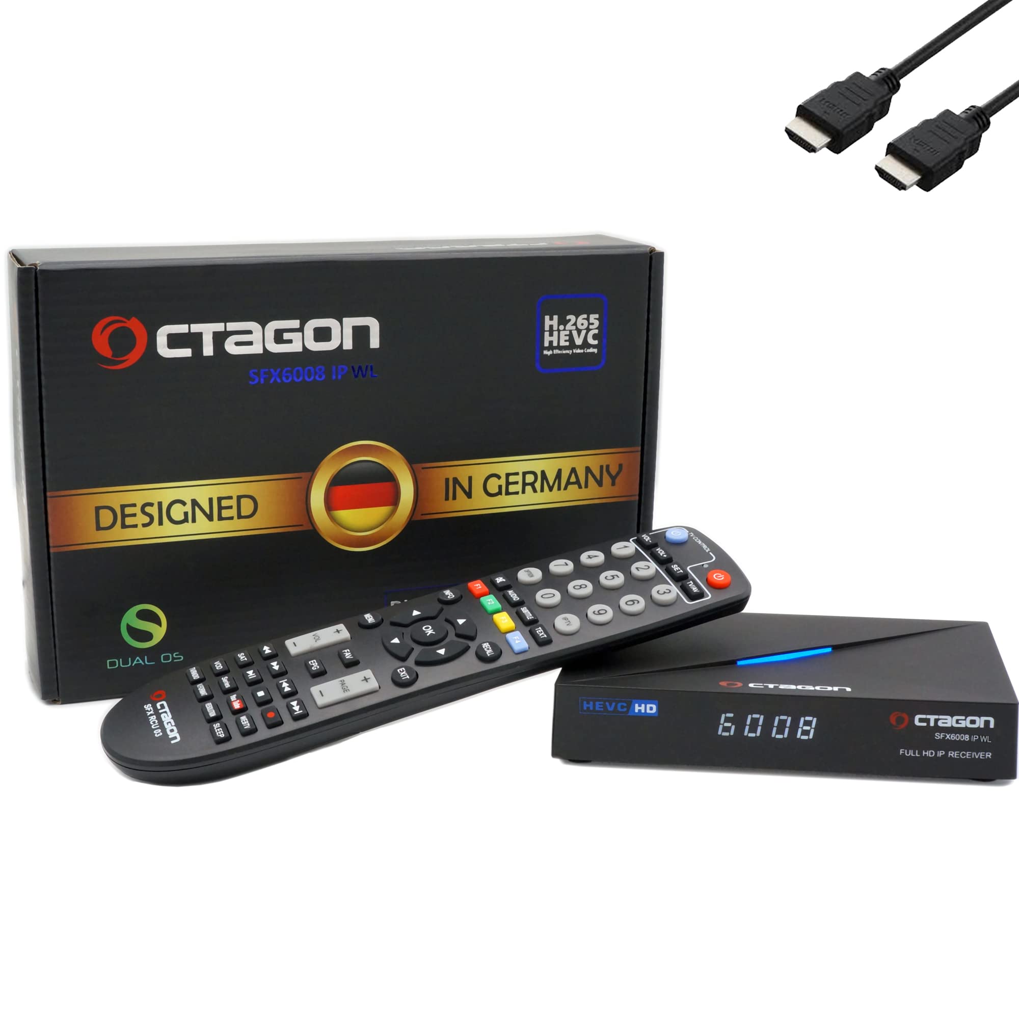 Octagon SFX6008 IP WL 150 WiFi H.265 HEVC Full-HD E2 Linux Set-Top Box & Smart Receiver, Internet TV mit Sat to Client Support, YouTube, Web-Radio, 150Mbit WLAN und EasyMouse HDMI-Kabel, Schwarz