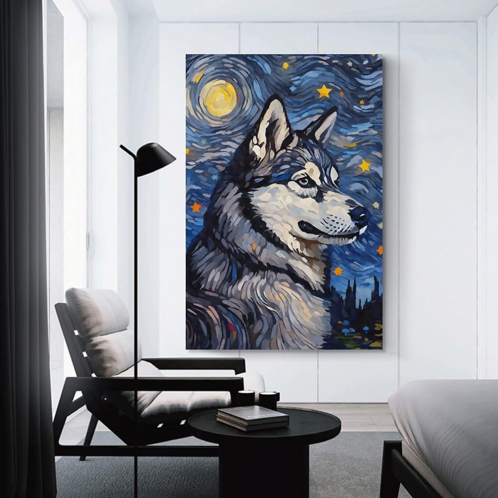 Junmoney Siberian Husky Night Home Decor Wall Art, 20x30inch(50x75cm), for Calm Bedrooms, Home Corners Or Flats, Canvas Wall Decor for Personal Spaces