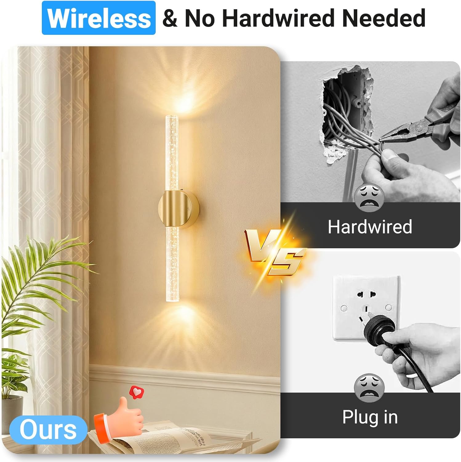 Peel and Stick on Gold Battery Operated Wall Sconces Set of 2, Rechargeable Magnetic Linear Wall Lights for Bedroom, Wireless Sconces with Remote&Touch Control, 3CCT&Dimmable Wall Lamp for Living Room