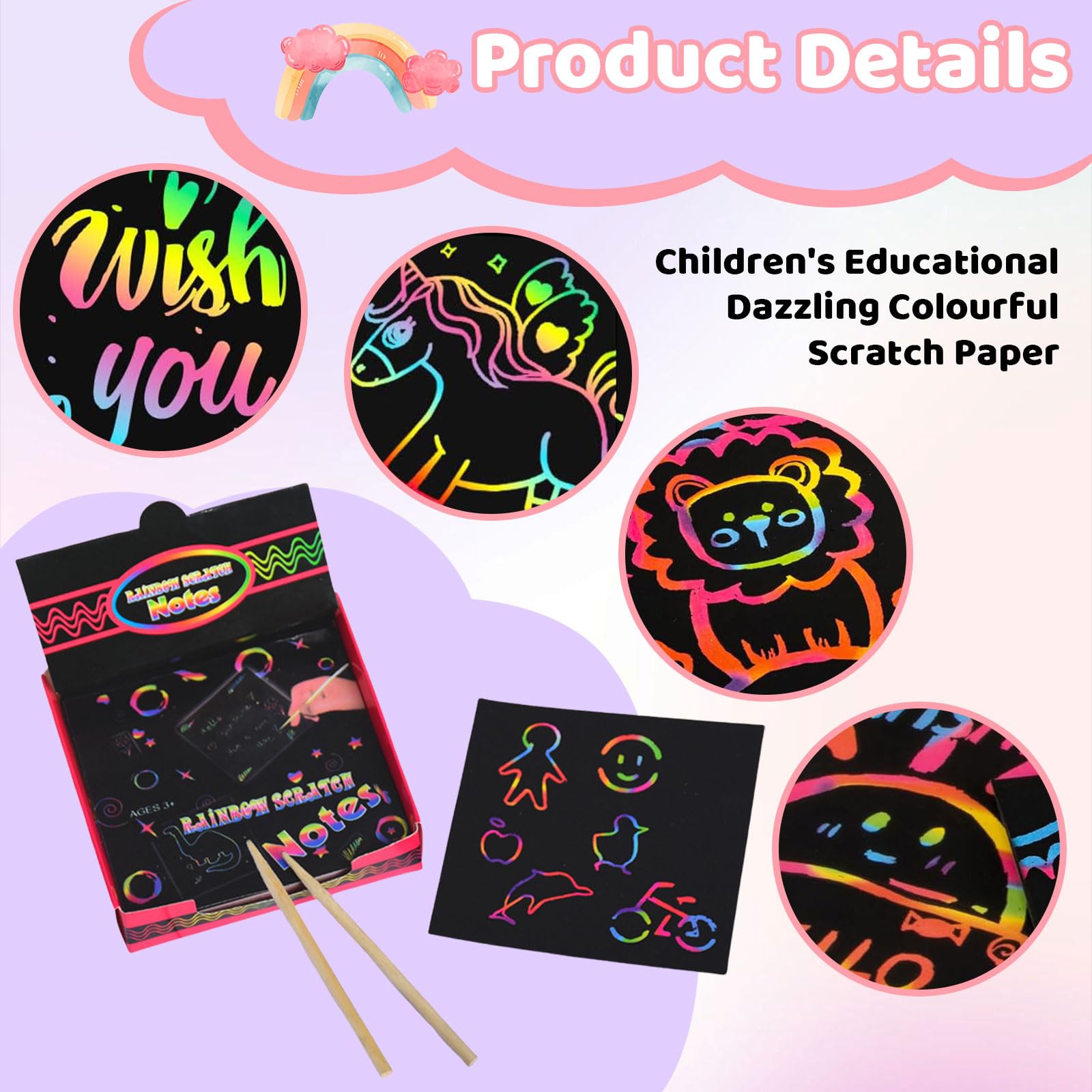 Set 100 Carte Da Graffio Per Bambini - Con Effetto Arcobaleno, Per Creatività E Gioco Educativo - Foto 8