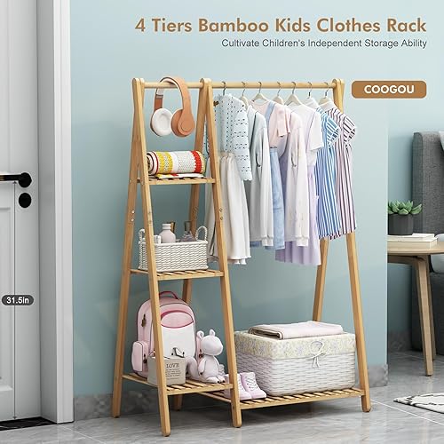Miniatura 3 de Percheros pequeños para ropa, perchero para colgar ropa de niños, perchero de madera de bambú con estantes, estante de esquina independiente