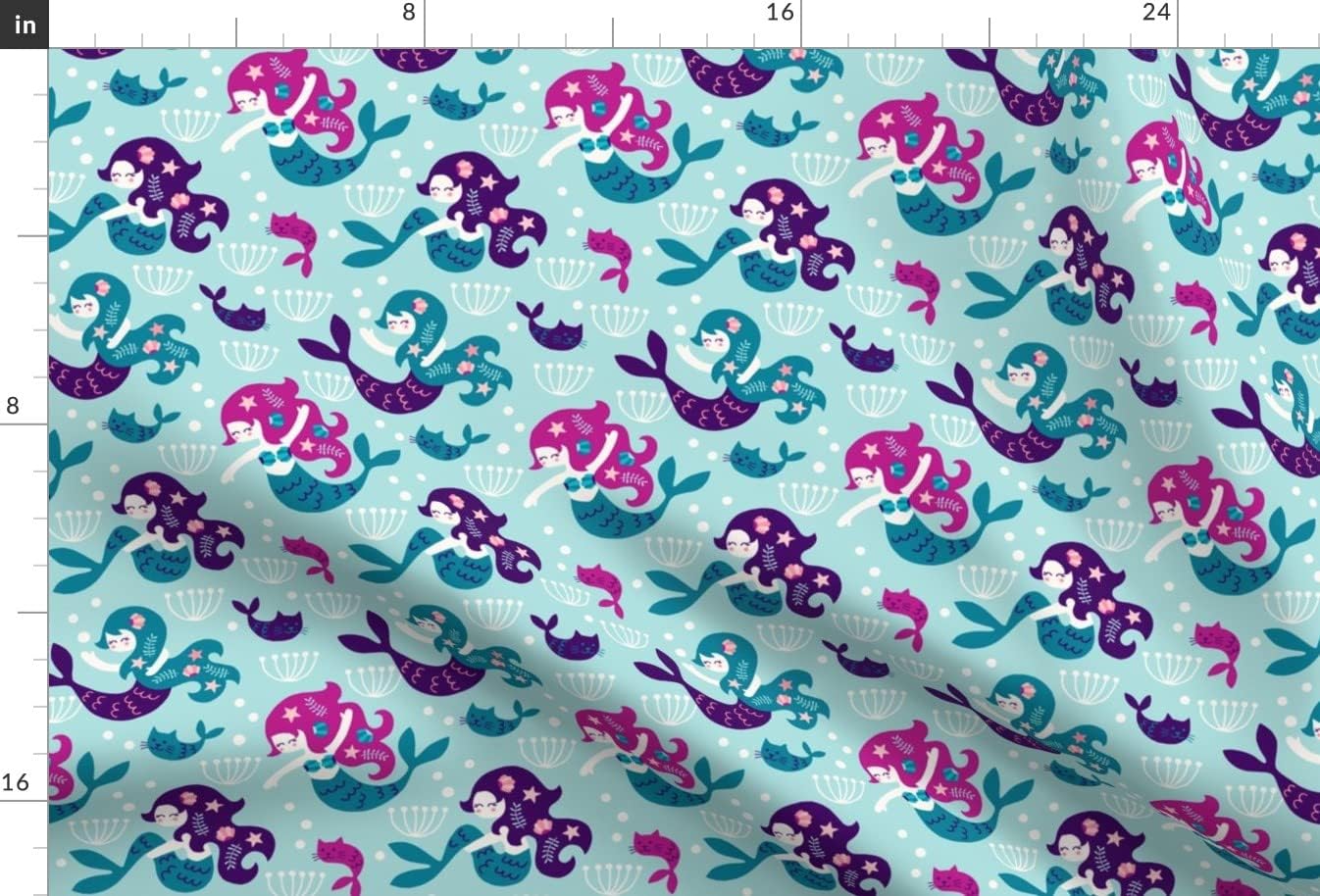 Spoonflower Fabric - Mermaids Purple Mermaid Cats Ocean Starfish Swimming Fish Shells Printed on Minky Fabric by The Yard - Sewing Baby Blankets Quilt Backing Plush