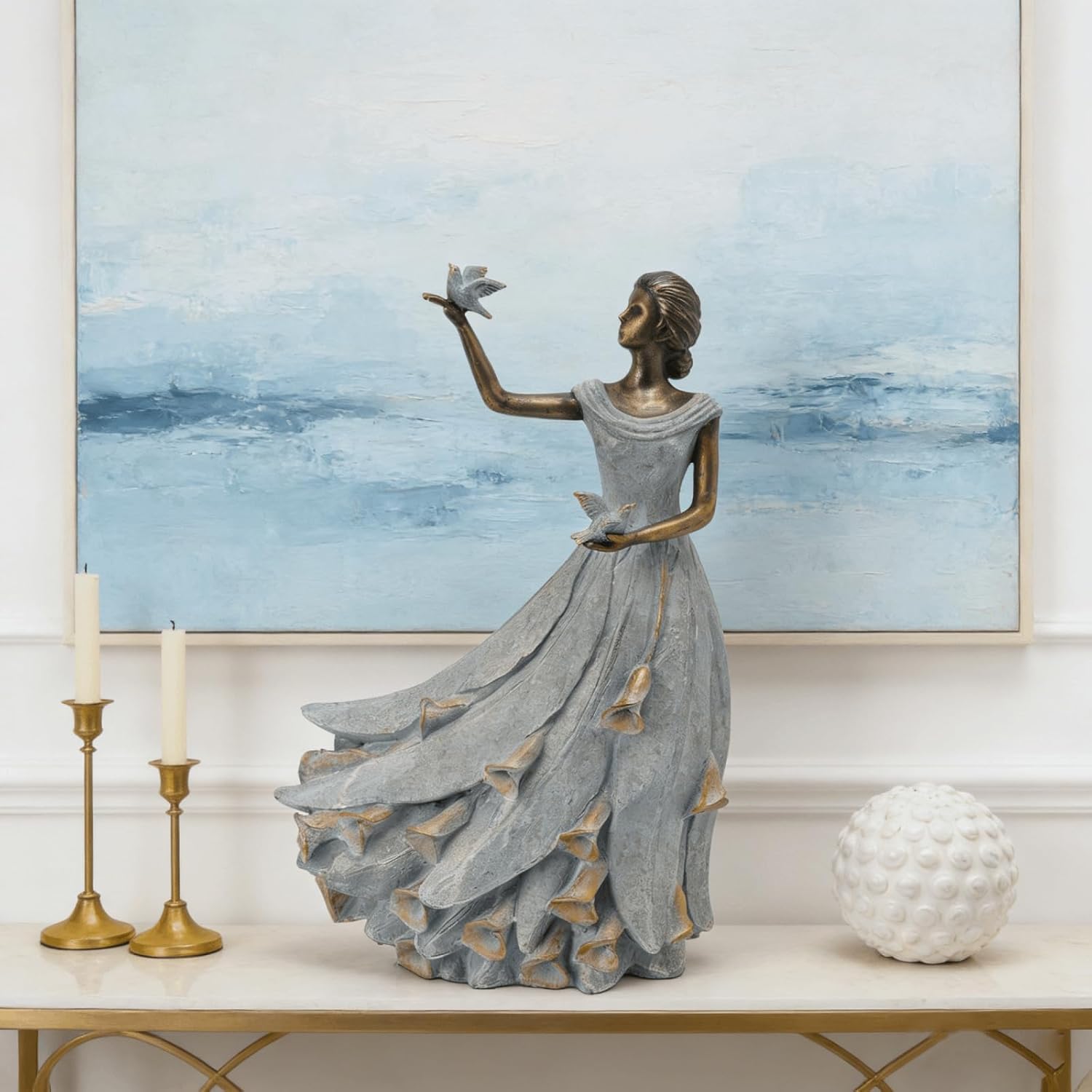 DiliComing Fairy Garden Statue Home Decor - 16 Inch Girl with Dusty Blue Calla Lily Dress Resin Garden Decor for Yard Statue Gifts for Women Outdoor Statues Party Decorations 11 x 7 x 16 Inches