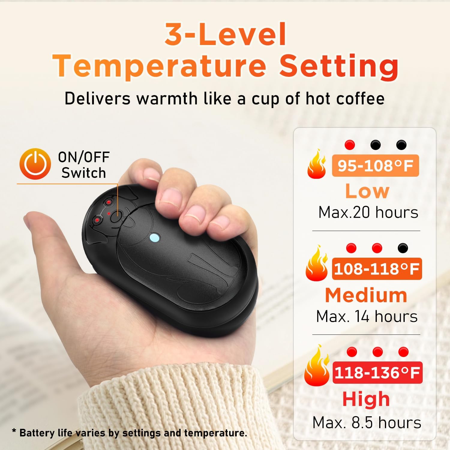 Hand Warmers Rechargeable 2 Pack, 6000mAh, 20Hrs Long Lasting, 3 Heat Levels, Portable Electric Hand Warmers for Men Women, Ideal for Outdoor Activities, Hunting, Golf, Camping, Winter Gift - Black - Image 3