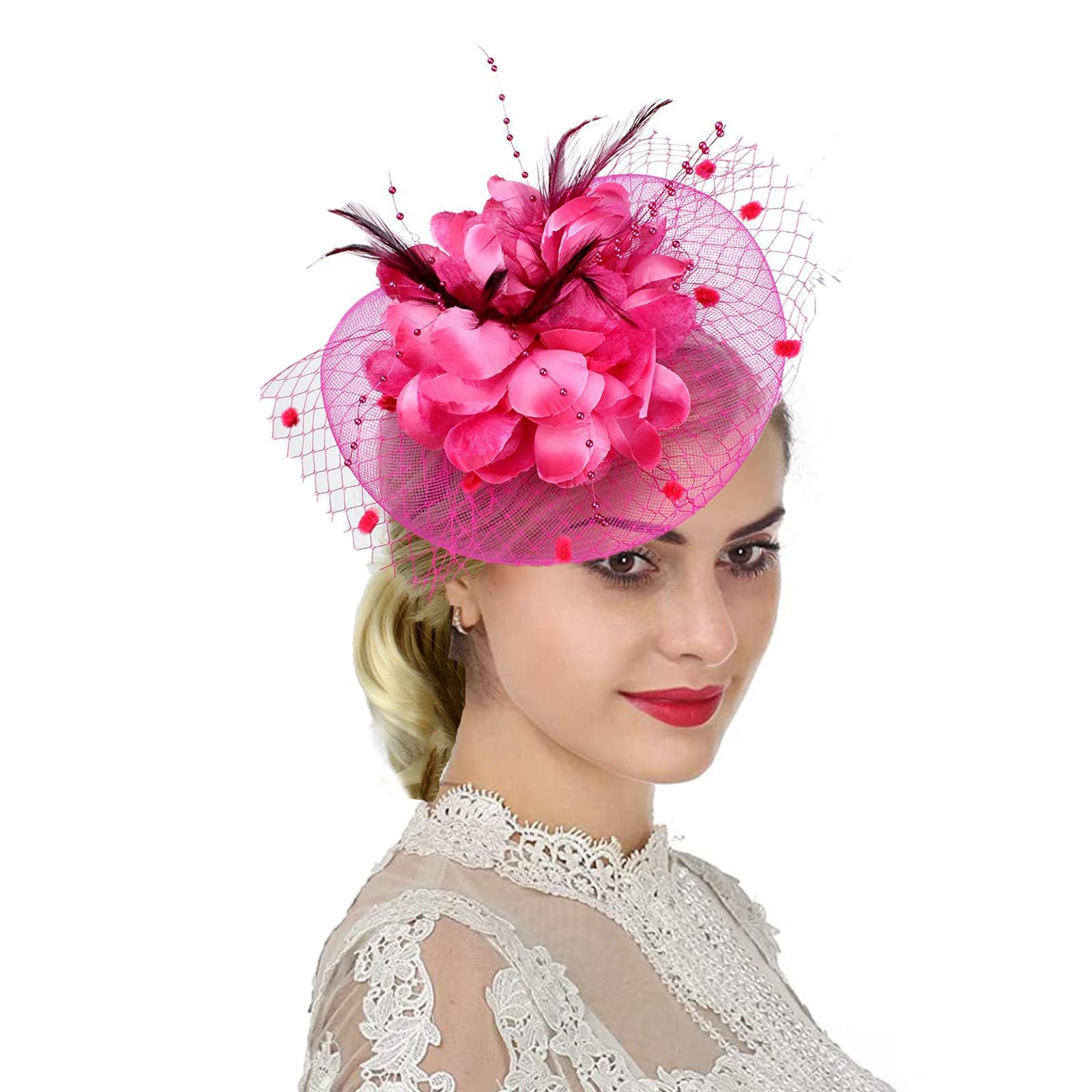 Women Fascinator Veil Hat Flower Feather Mesh Net Bridal Dot Veil Headpiece with Hair Clip and Headband Ladies Wedding Party Costume Headwear Fancy Dress Hair Accessories for Cocktail Party Ascot Race