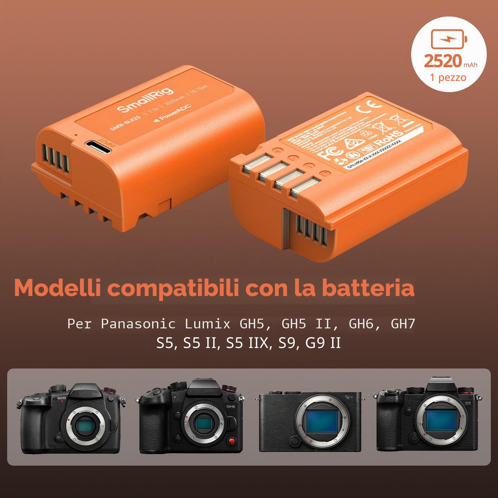 SMALLRIG DMW-BLK22 Batteria 2520mAh USB-C Battery Sostitutiva, 2.5H Batteria Completamente Carica per Panasonic LUMIX S5, S5 II, GH7, GH6, S9, S9 II, S5 IIX, Arancione - 4979