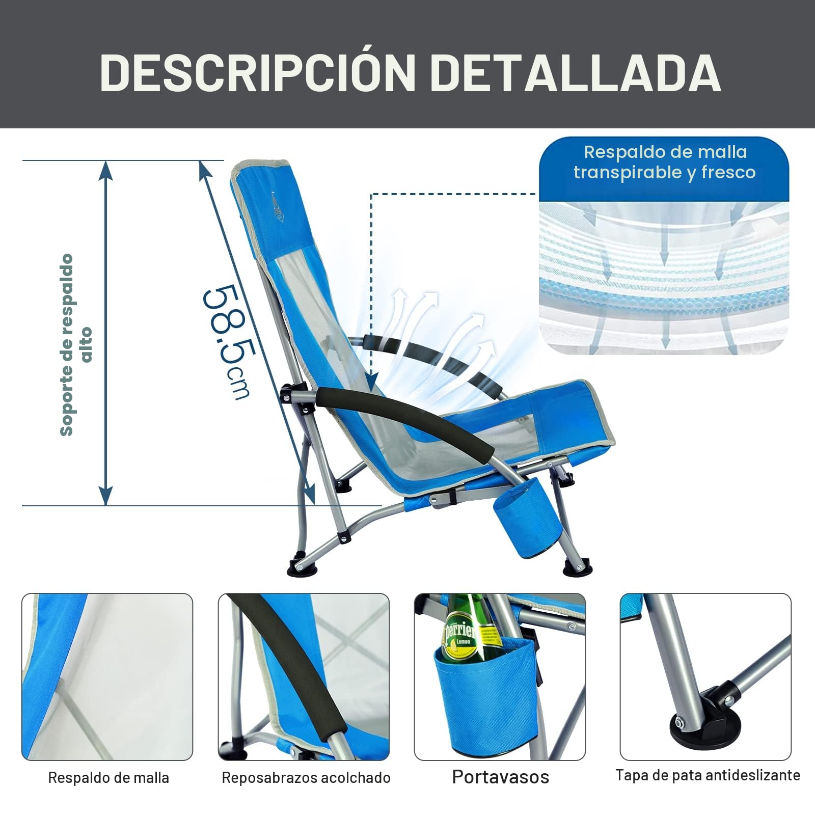 TIMBER RIDGE Silla Plegable de Playa Portátil Bajo Silla de Camping Espalda Alta en Malla Ultraligero con Bolsa de Transporte