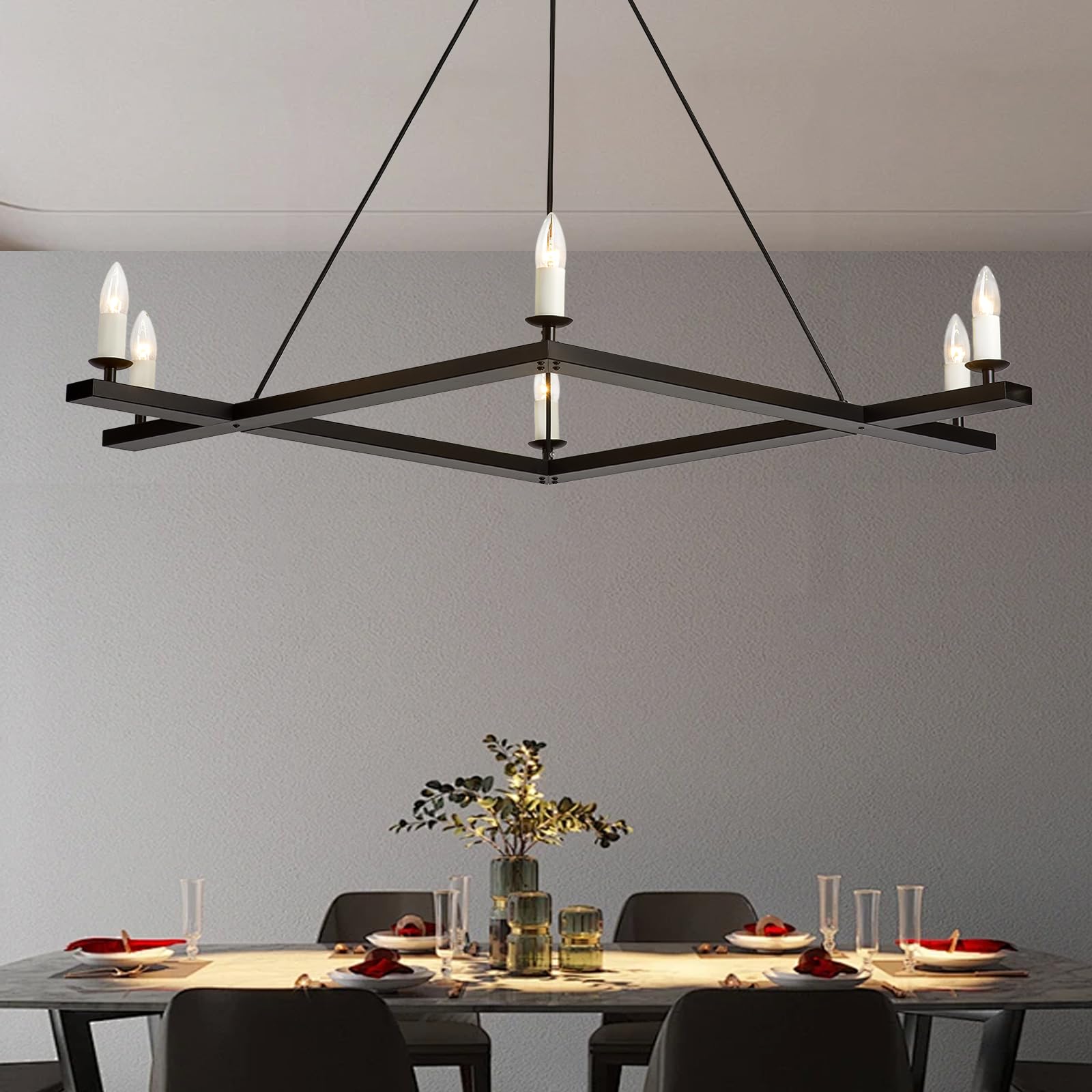 black farmhouse chandeliers for dining room,6-light square dining room light fixture,43" rectangular wagon wheel candle chandelier for entryway living room foyer kitchen island