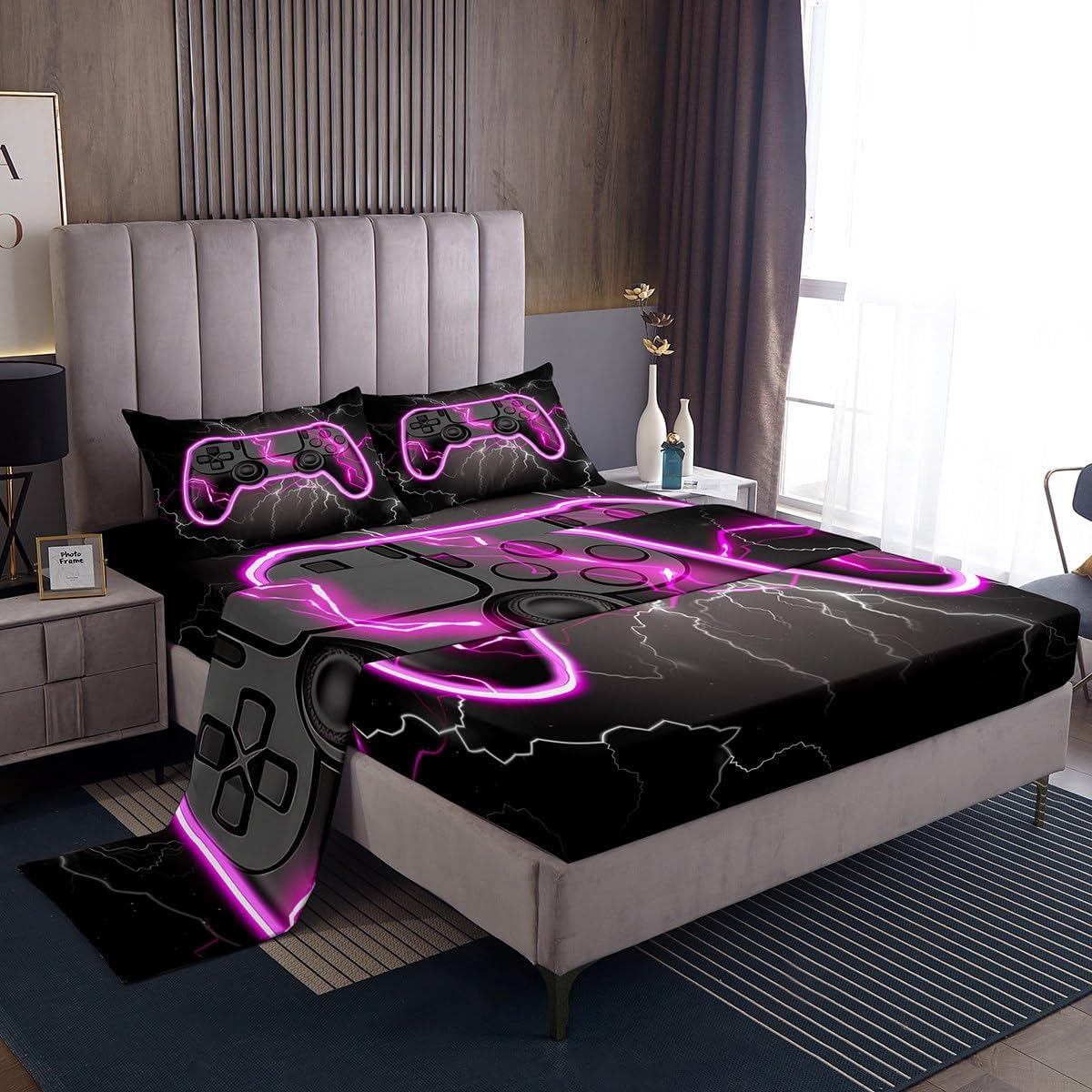 3D Gamepad Bed Sheet Queen Set Modern Gamer Sheets Sets Adults Bedroom Decor Lightning Microfiber Bedding Set with Flat,Fitted Sheet,2 Pillow Cases
