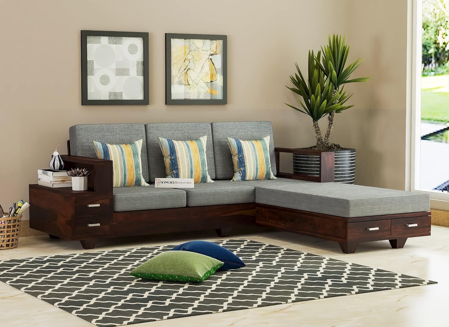Solid Sheesham Wood 4 Seater L Shape Sofa Set with 40 Density Cushion with Storage for Living Room Bedroom Home Office Hotel with Cushions | Wooden Sofa Set | Walnut Finish-image-45