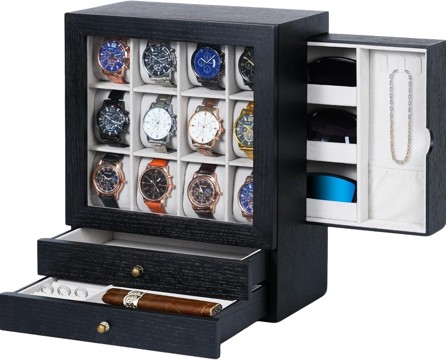 Large Watch Box for Men - 12-Slot Watch Display Case with Side Drawers for Sunglasses Necklaces, 2 Bottom Drawers for Jewelry Rings and More - Gift for Your Loved Ones, Black and Gray