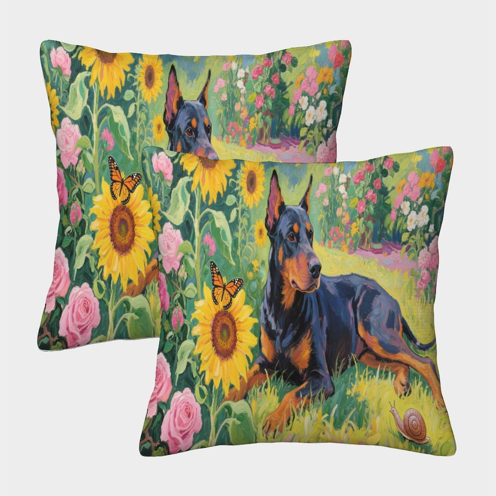 WXLWHR Cushion Cases Doberman Pinscher Sunflowers Throw Pillow Cover Polyester Set of 2 Home Decorations for Livingroom, Couch, Sofa 45x45cm