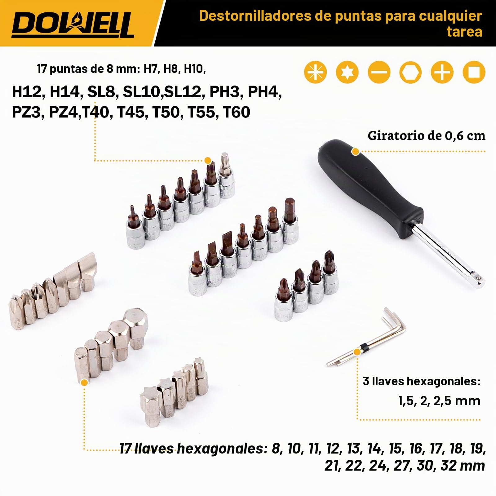 DOWELL Juego de herramientas de 132 piezas, kit de herramientas manuales profesionales para mecánicos de automóviles, todo en uno para reparaciones de autos, motocicletas, motores y garajes con