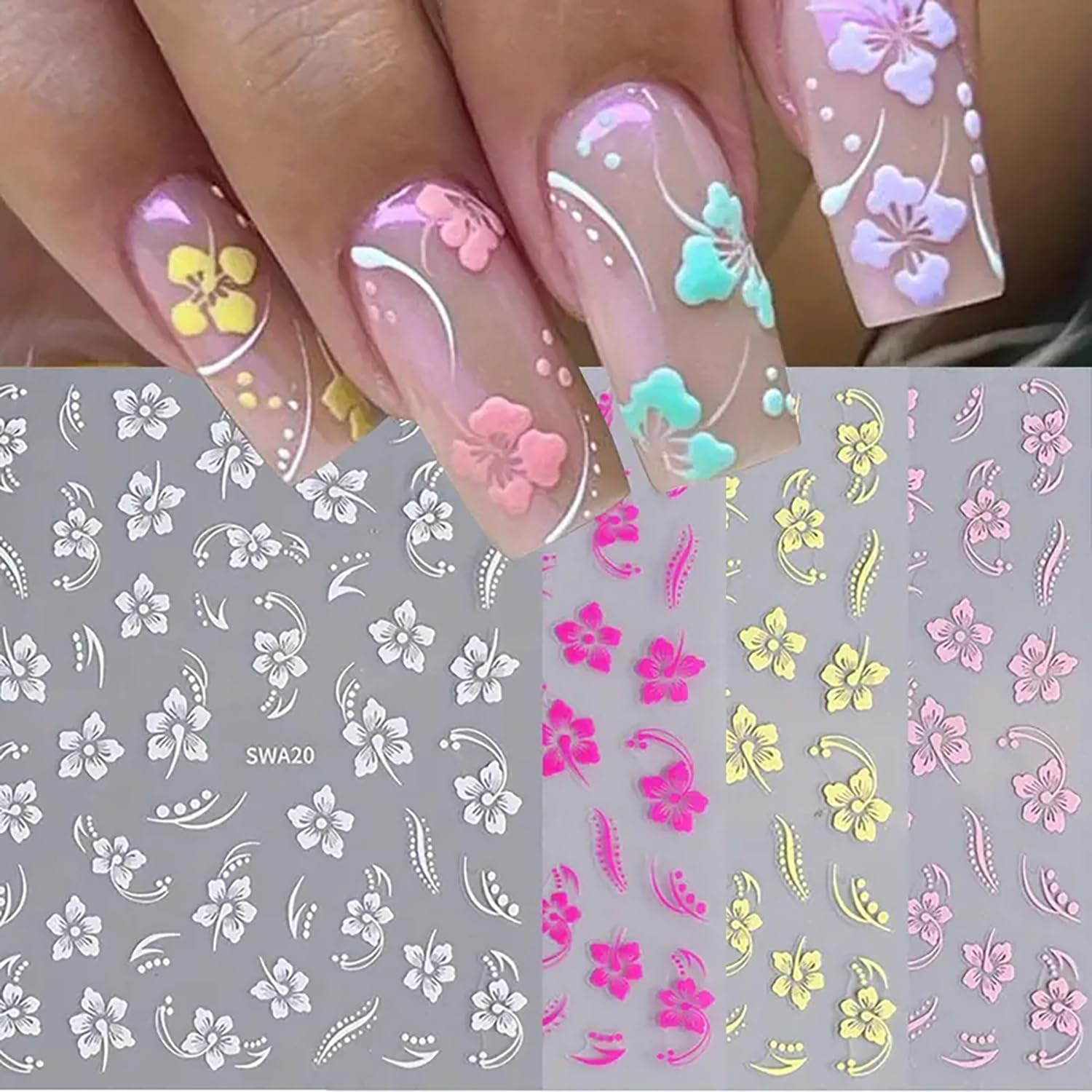 LYLYNB Multicolor Floral Nail Art Stickers, 4 Sheets of 4 Pcs Each, Glossy Acrylic Finish, Fade Resistant, Perfect for Keratin Nails, DIY Nail Art,