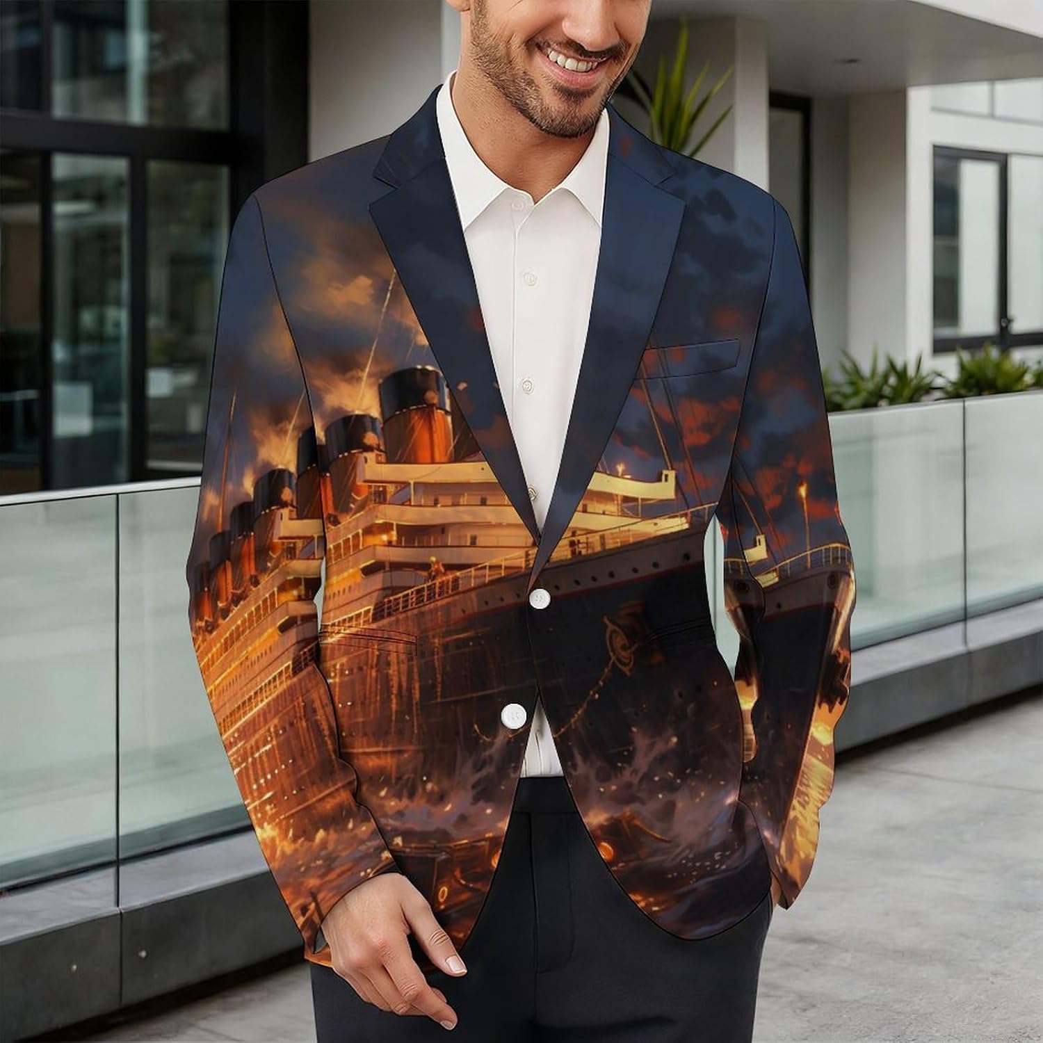 Escape from Boat The Titanic Printed Men's Blazer Slim Fit One Button Suit Jackets Tuxedos for Business Wedding