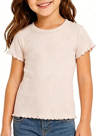 Toddler Girls Ribbed T Shirt Lettuce Trim Tee Basic Top 3T-7 Years | Short Sleeve Shirt Summer Clothes for Casual, School and Daily Wear