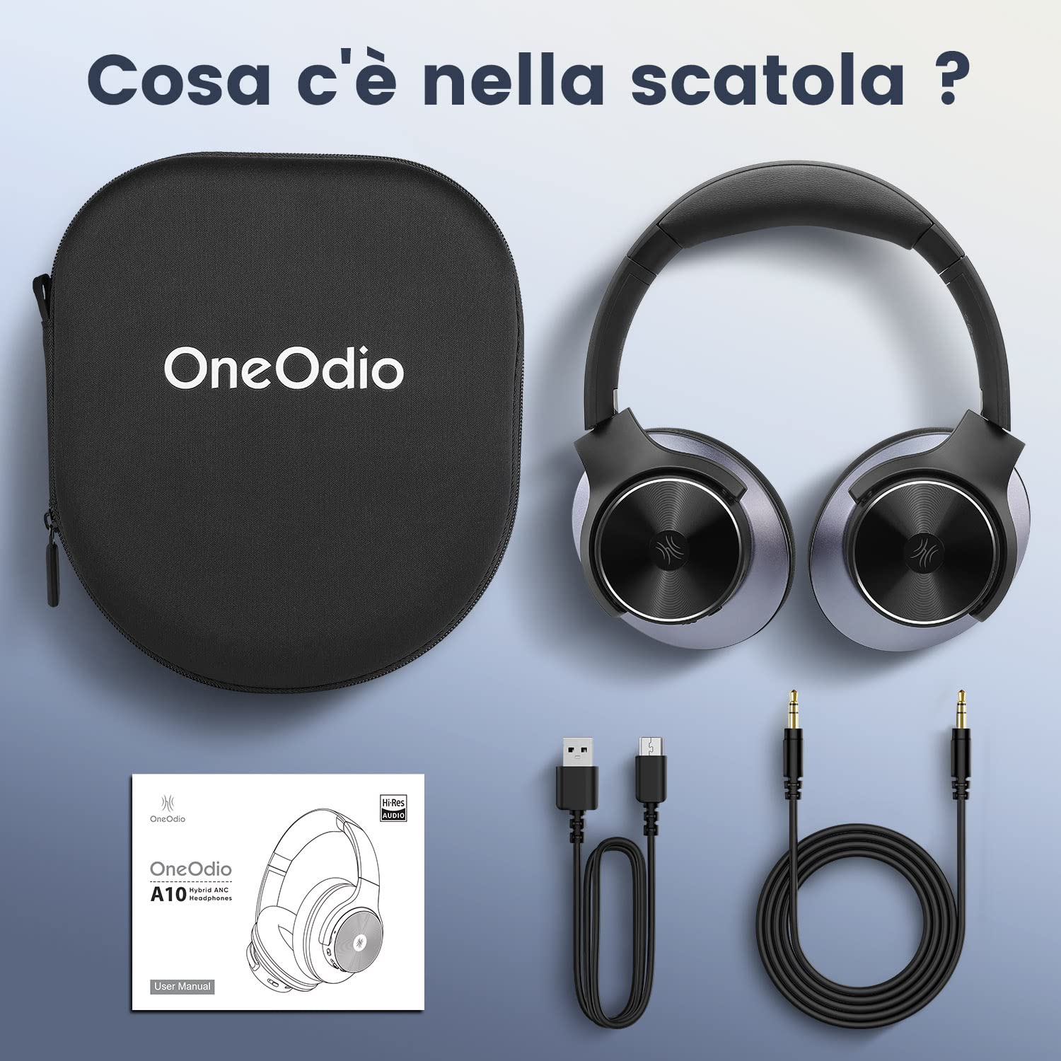 OneOdio A10 Cuffie Bluetooth Over Ear Cuffie Wireless Bluetooth con Cancellazione Attiva Rumore Adattiva fino al 98%,Ttecnologia ANC Ibrida,Riproduzione 62 Ore,Comodo da indossare/Hi-Res suono Nero