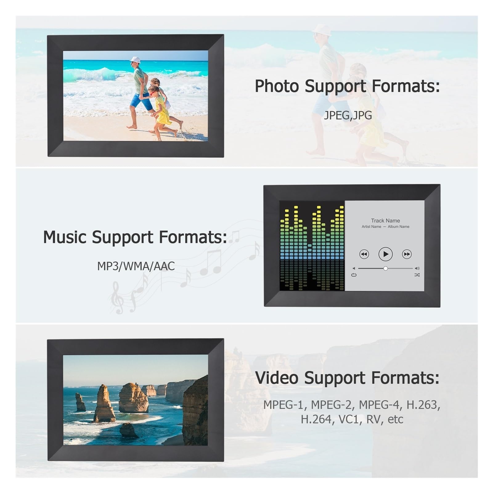 8-calowa Inteligentna Ramka Na Zdjęcia WiFi Cyfrowa Album Fotograficzny IPS Ekran Dotykowy 1280 * 800 Zdjęcie 1080P Wideo 16 GB Pamięci WyjąTkowe WrażEnia Wizualne(Black 10.1 Inch)