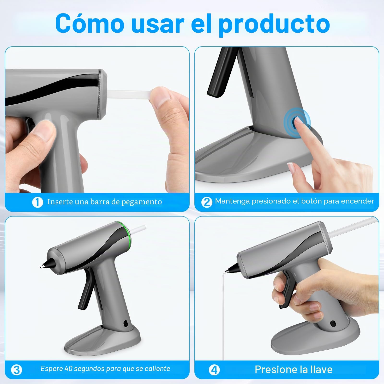 Pistola Silicona Caliente Inalambrica, Pakinui Pistola Pegamento Caliente con Batería de 2000 mAh, Precalentamiento rápido en 40 segundos, Pistola cola quente Para bricolaje, manualidades