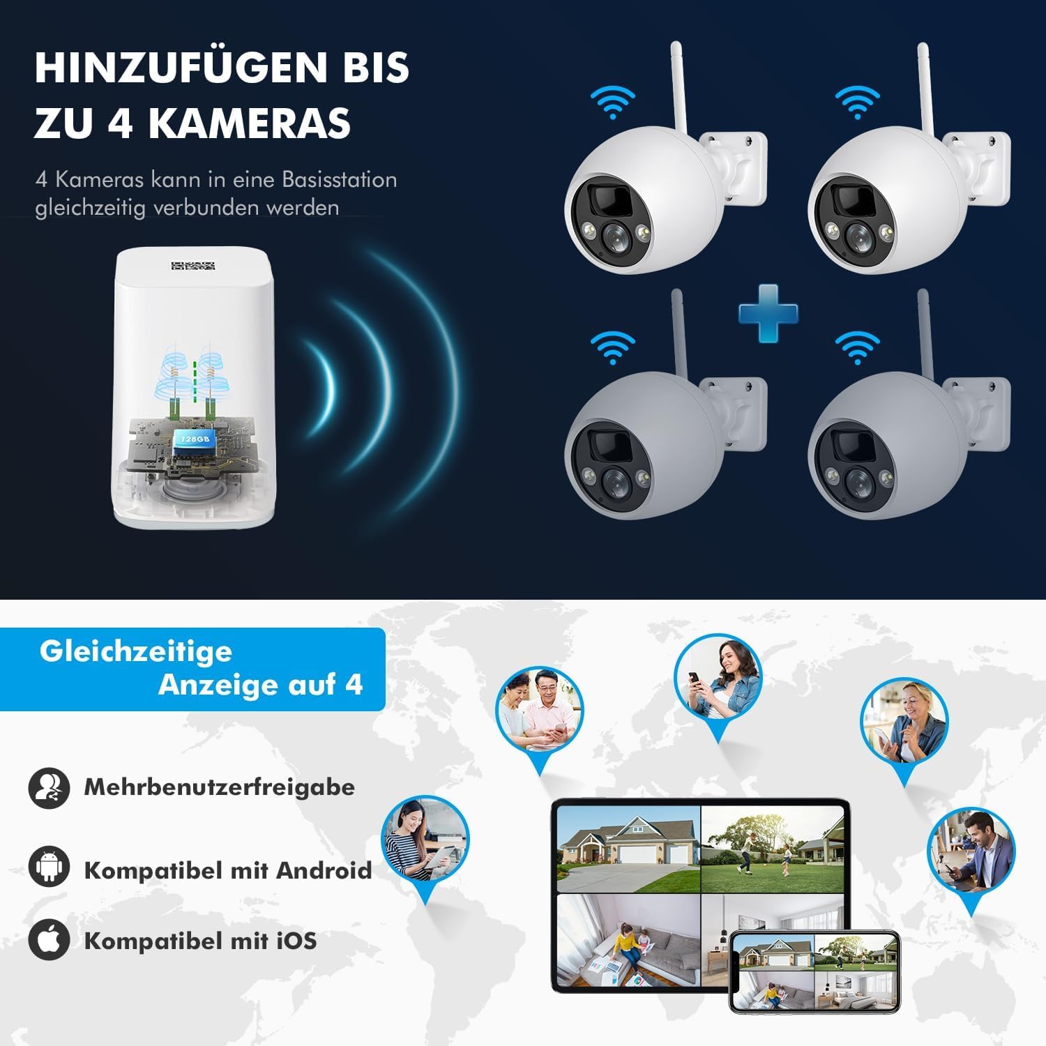 4MP Überwachungskamera aussen akku WLAN Kamera Outdoor mit PIR Bewegungsmelder, Nachtsicht, IP66 Schutz, funktionsfähig mit Alexa