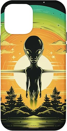 Vista 28 de iPhone 14 Pro Max Cute Green Alien Head UFO Space Face Alien Case