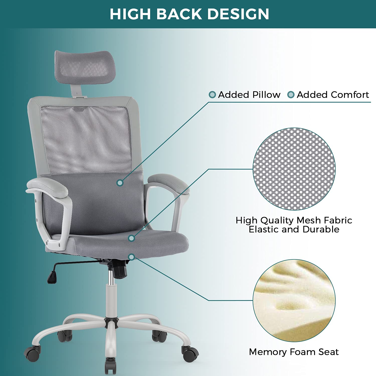 Office Chair, Ergonomic Mesh Home Office Computer Chair with Lumbar Support/Adjustable Headrest/Armrest and Wheels/Mesh High Back/Swivel Rolling (Grey)