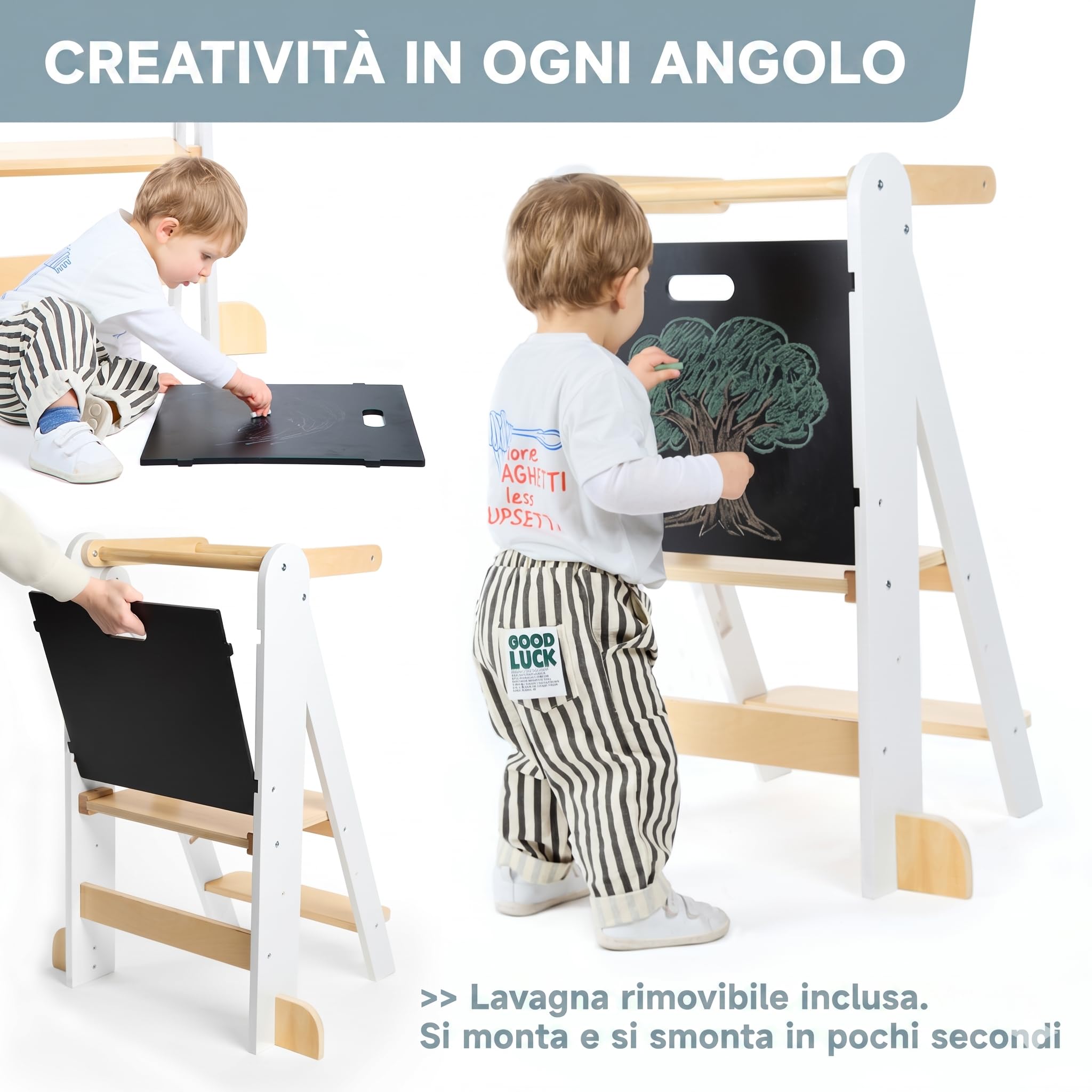 Torre Montessoriana Bambini Premium, Torre Montessoriana Pieghevole con 2 Altezze Regolabili, Lavagna Removibile, Design Nordico Compatto – Marchio Impegnato nella Riforestazione Globale