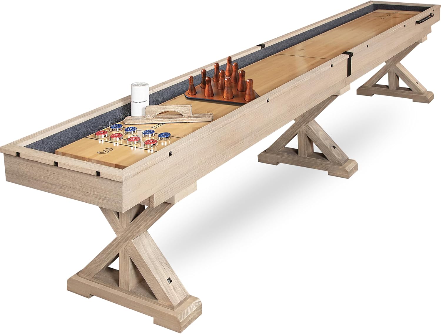 12 FT Solid Wood Shuffleboard Table, Comes in 2 6' Pieces Goes Around Stairs & Hallways, Multi Game Includes Bowling Pin Set & More