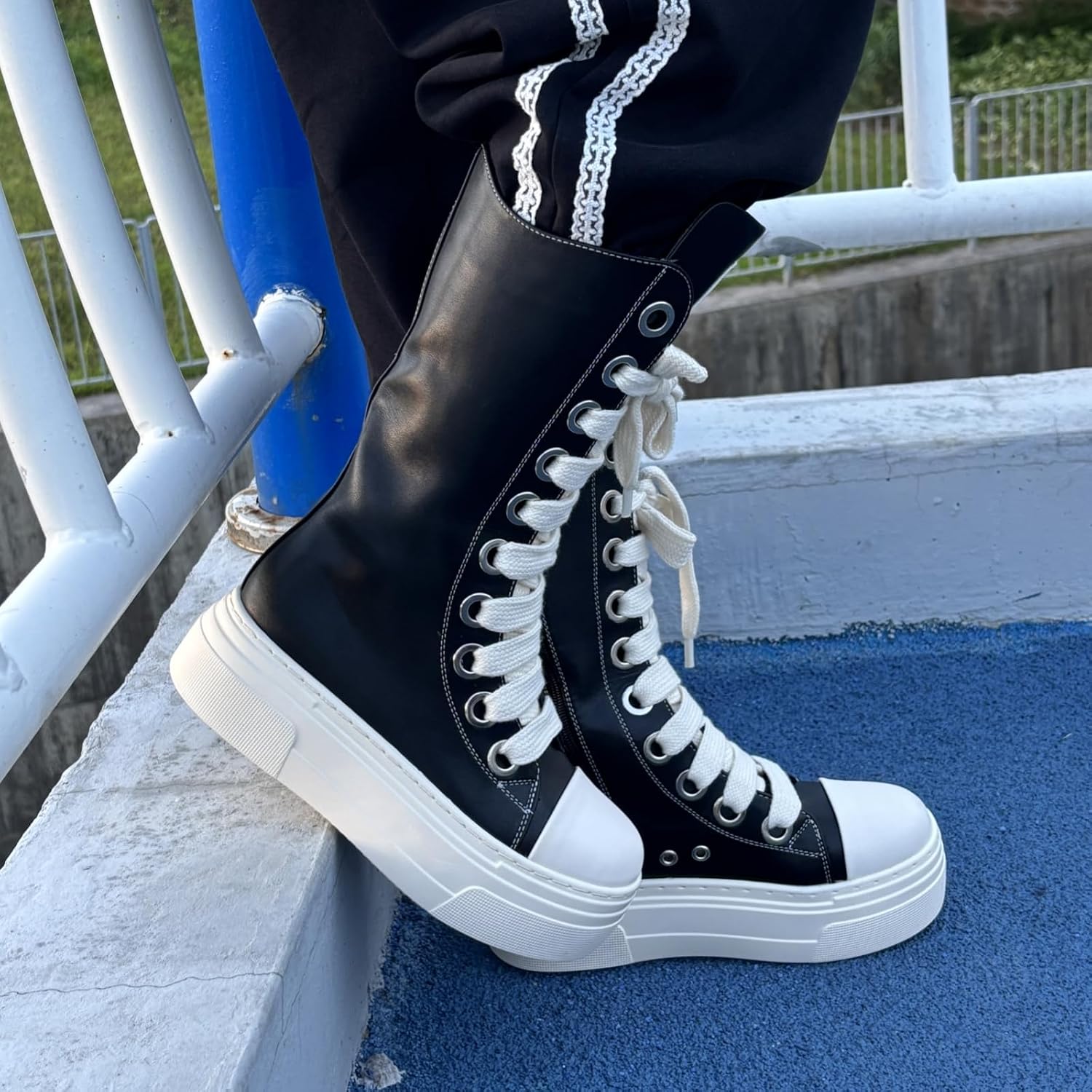 Unisex Style High Top Round Toe Thick Bottom Platform Women Sneakers Zipper Plus Size All Match Fashion Western Punk Street Casual Shoes