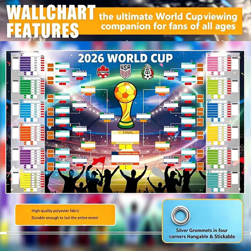 Poster 2026 con 2 penne, pianificatore di calcio, 84 x 60 cm, pianificazione del mondo 2026, poster per decorazione, contiene 48 squadre di gruppo Knockout e finale, tutti i risultati dei giochi