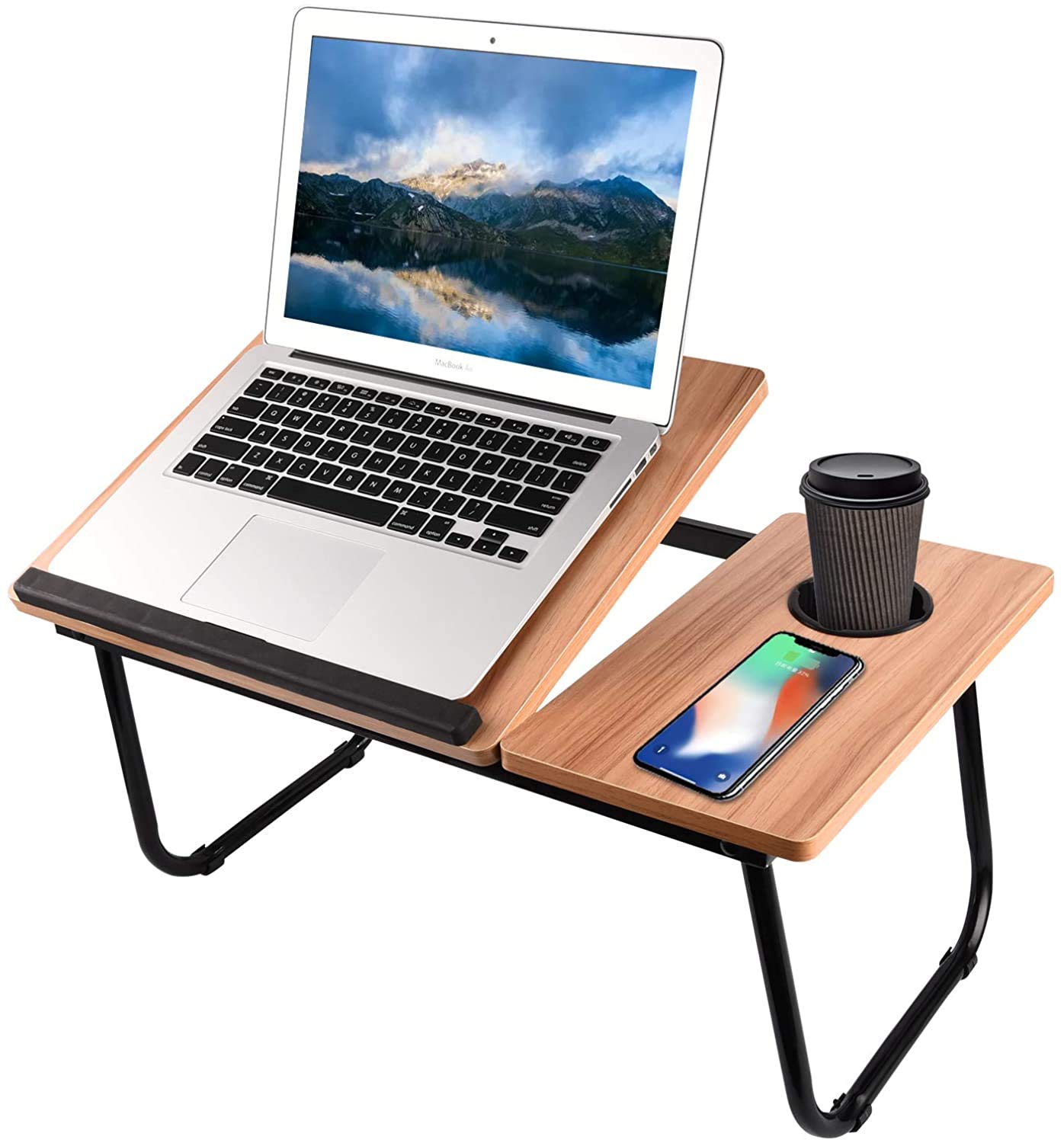 Bed Desk with Cup Holder, Laptop Table for Bed Adjustable Portable Computer Tray for Bed, Laptop Desk for Bed, Foldable Small Desk for Writing, Laptop Bed Tray for Bed and Sofa-Brown