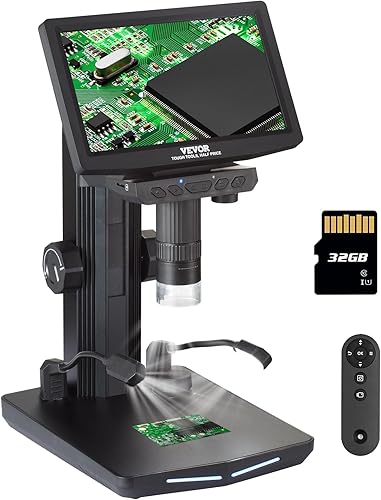 VEVOR Microscopio digital HDMI LCD de 7 pulgadas para adultos, microscopio electrónico de soldadura 1200X con pantalla IPS, 8 luces LED, 2 luces