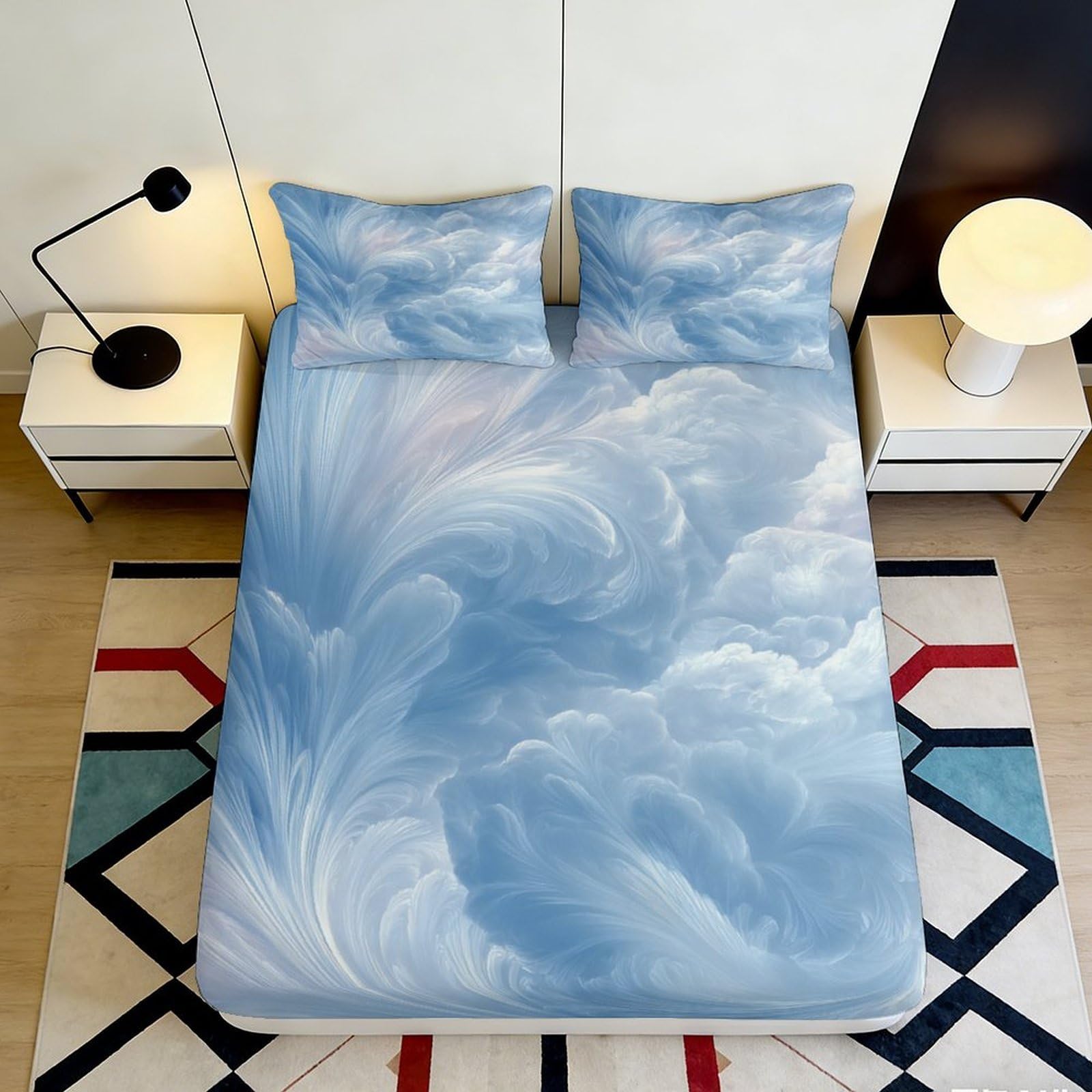 Qjzxknhpgr Style-2 3D Printed Cloud Blue Fitted Sheet Microfiber Soft Breathable Sky Swirl Bed Cover For Bedroom Dorm Decor 90X200x25cm