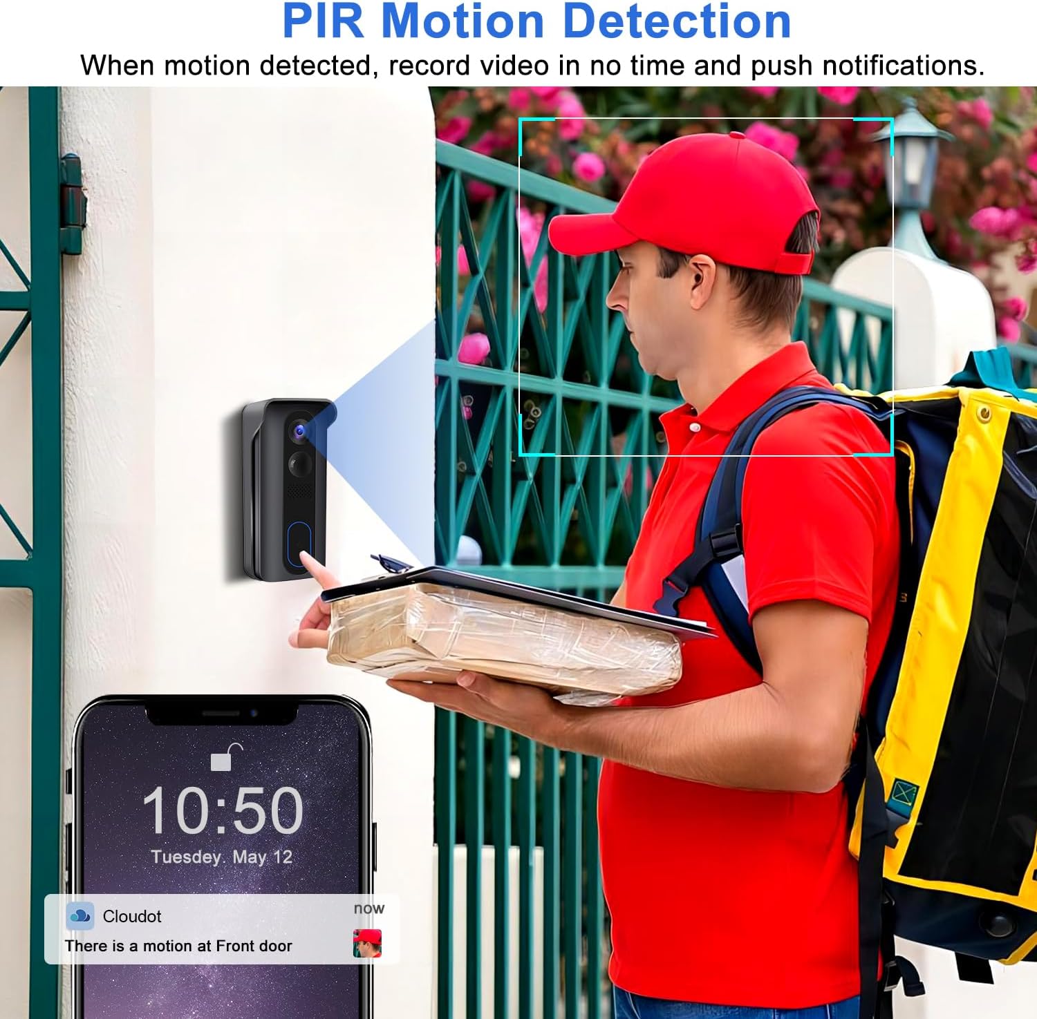 Person using two-way audio feature to speak with a delivery person