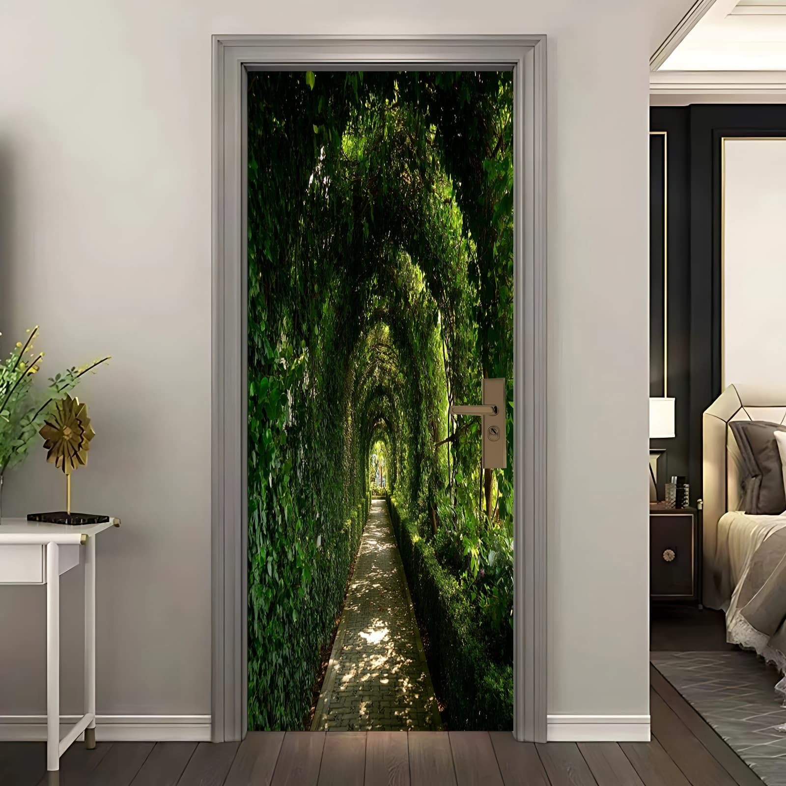 Papier peint de porte tunnel vert pour atmosphere nature dans la chambre