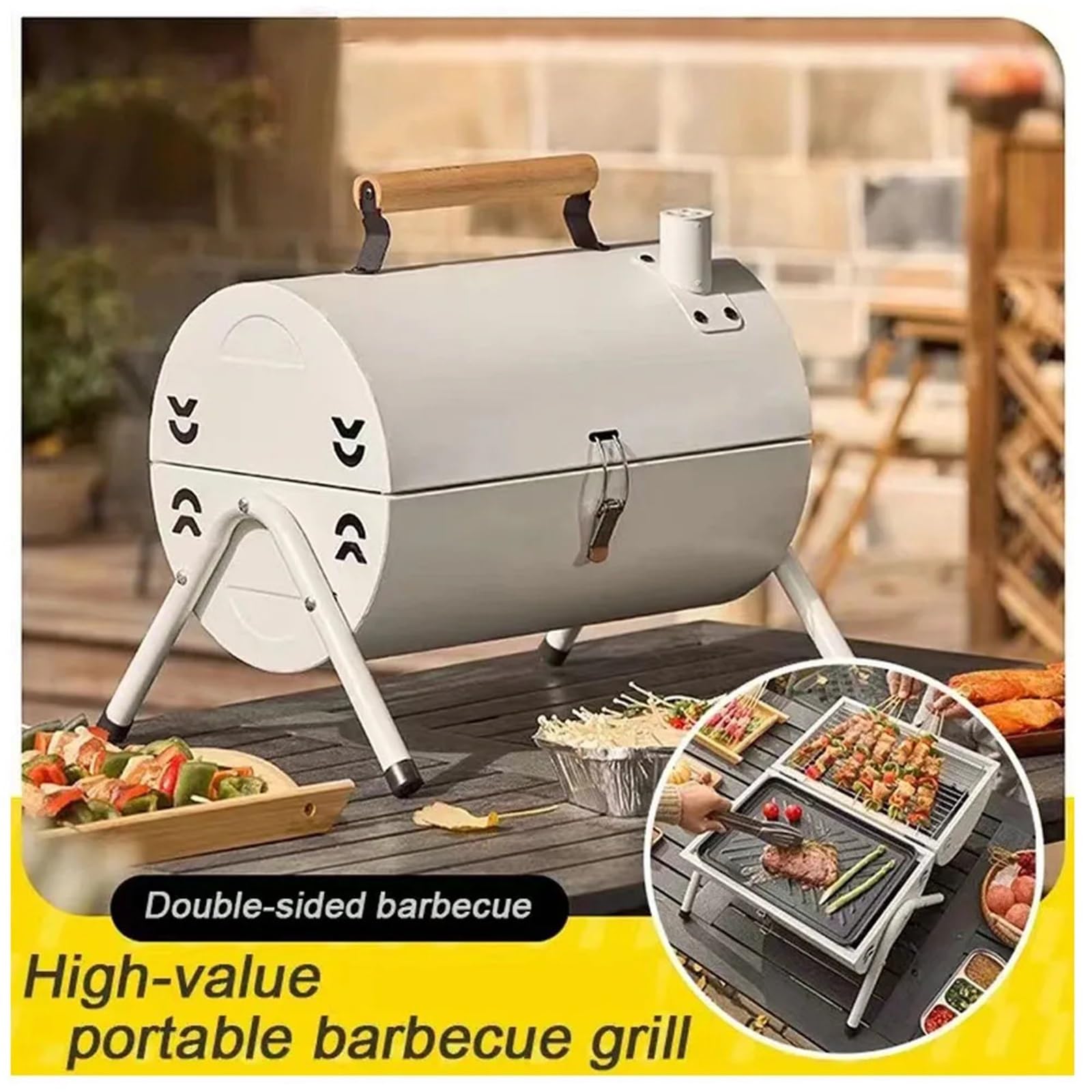 Barbecue portatile a carbonella da tavolo per esterni, piccola griglia per barbecue per cucinare all'aperto, cortile, campeggio, picnic, spiaggia (bianco)