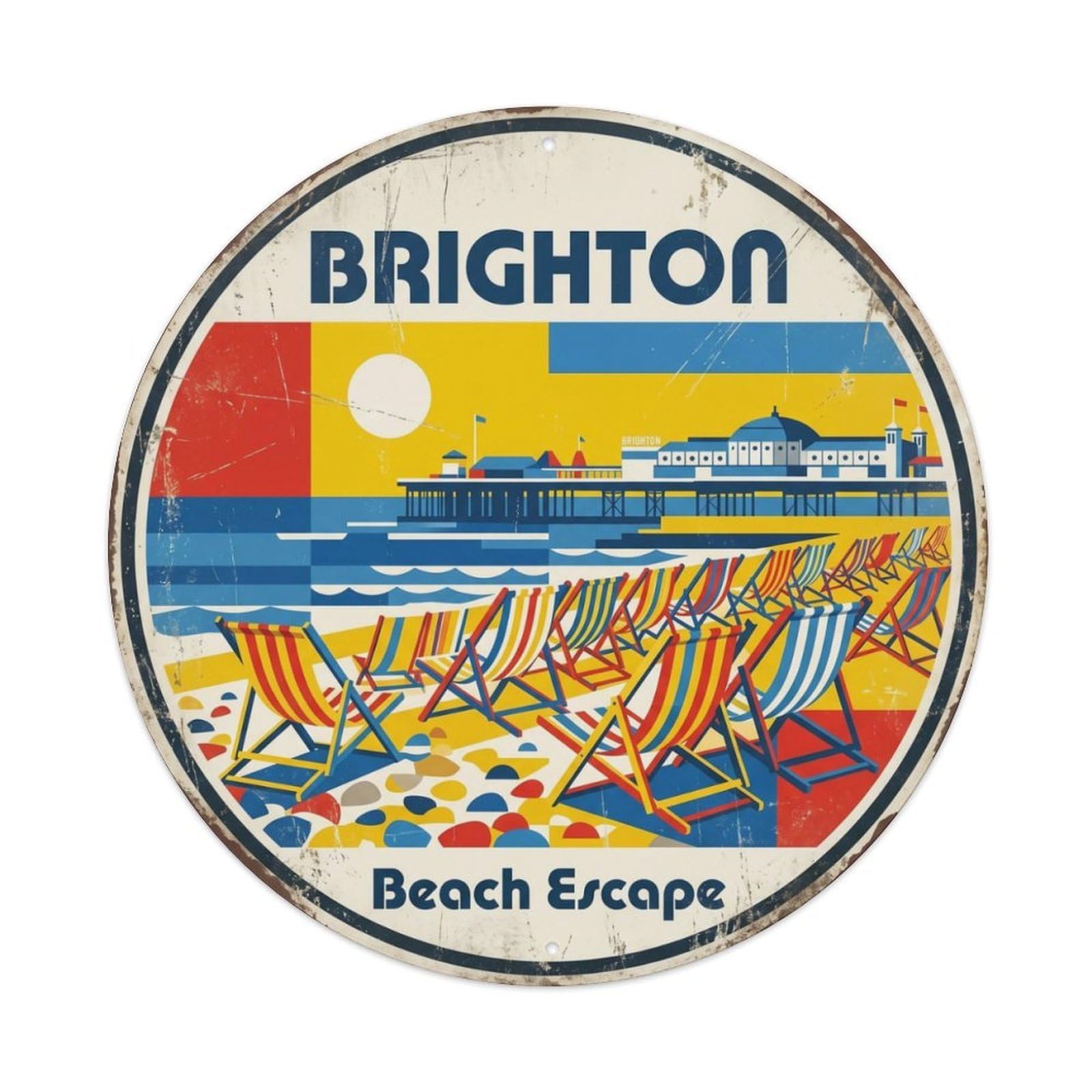 Fqcyn Style Vintage Travel Brighton Beach Escape Metal Tin Sign Plaque Wall Decor For Cafe, Club Bar, Office, Home Garden Round Metal Poster 8X8inch