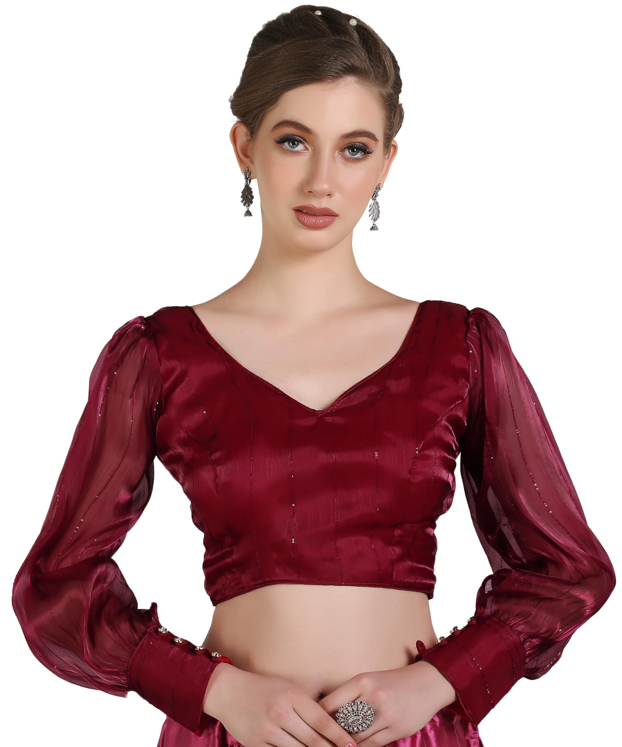 Pujia Mills Woman Wine Designer Zimi Chu Slub Shining Material With Sequnace Work Blouse